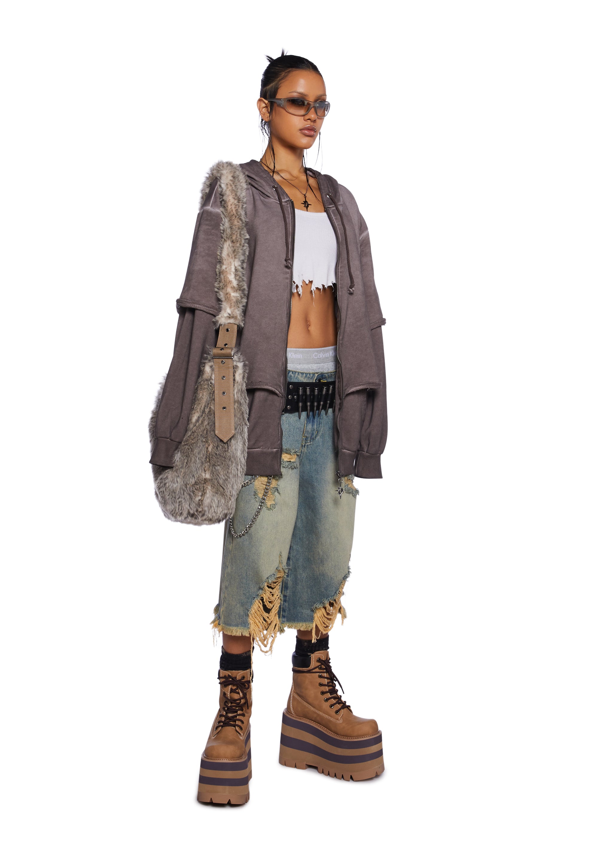 Crossfade Washed Zip-Up Hoodie - Brown