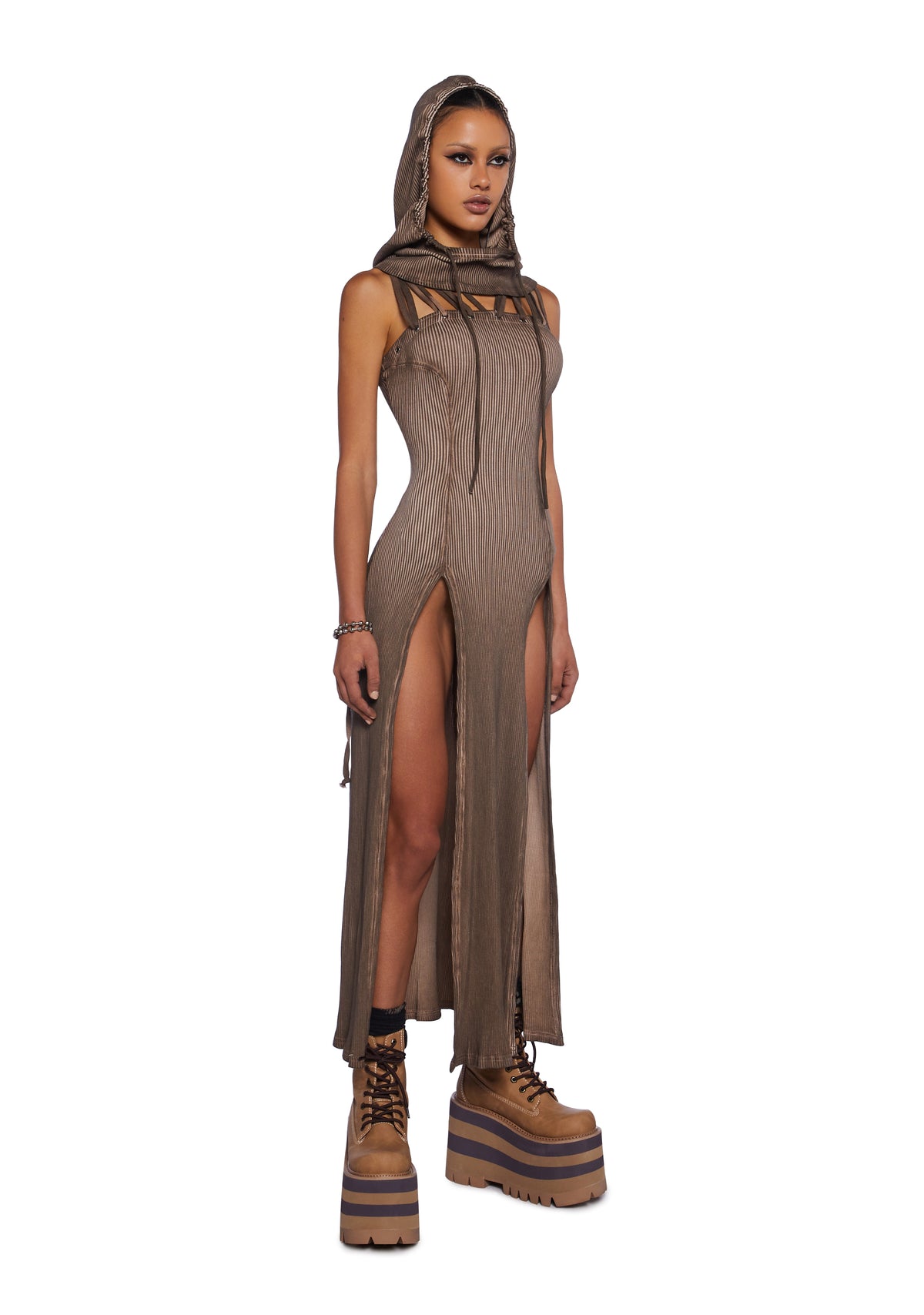 Darker Wavs Smoke Hooded High Slit Maxi Dress - Brown – Dolls Kill
