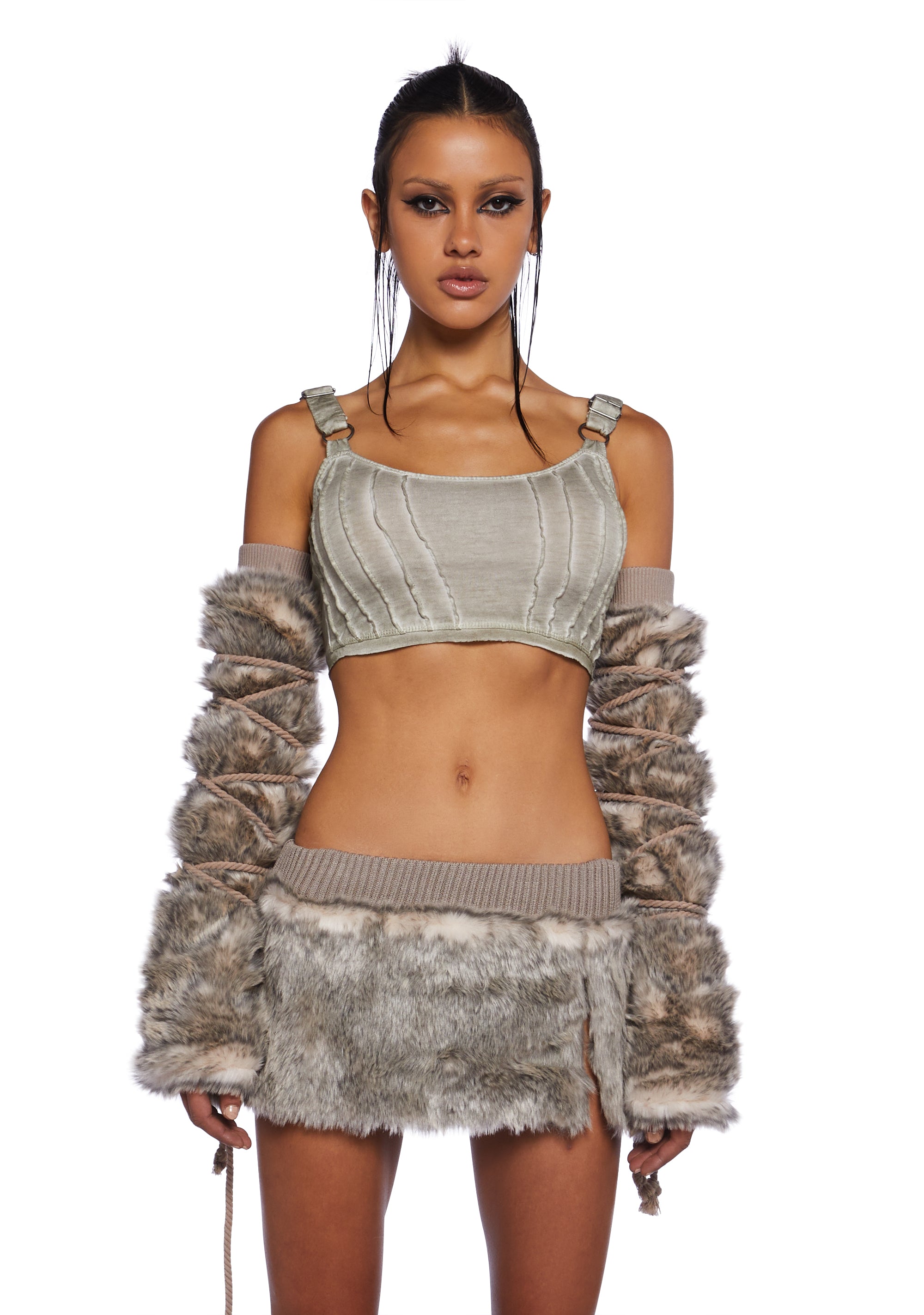 Darker Wavs Faux Fur Ribbed Knit Lace-Up Arm Warmers - Brown