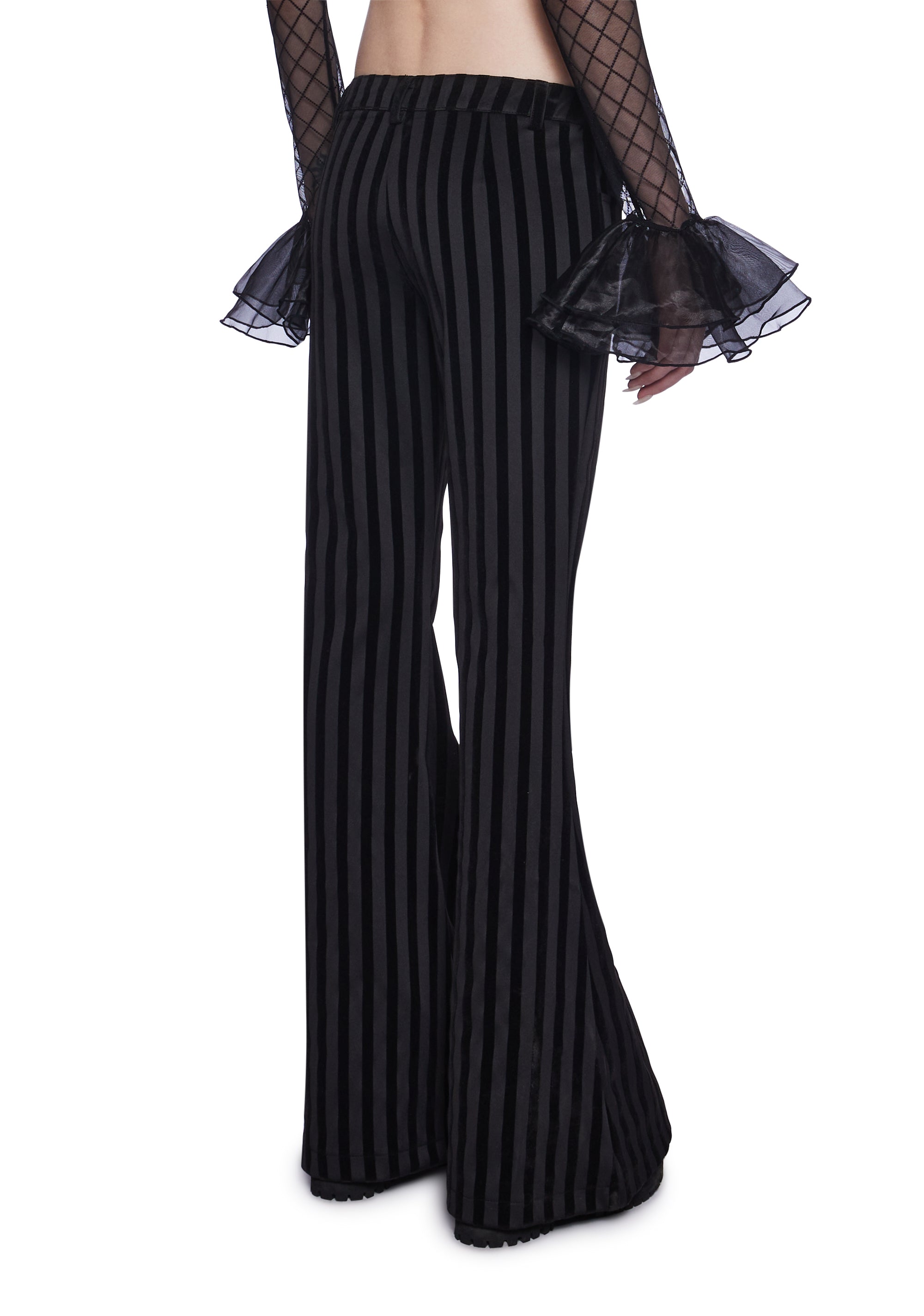 Widow Goth Cirque Noir Striped Twill Velour Flare Pants Black