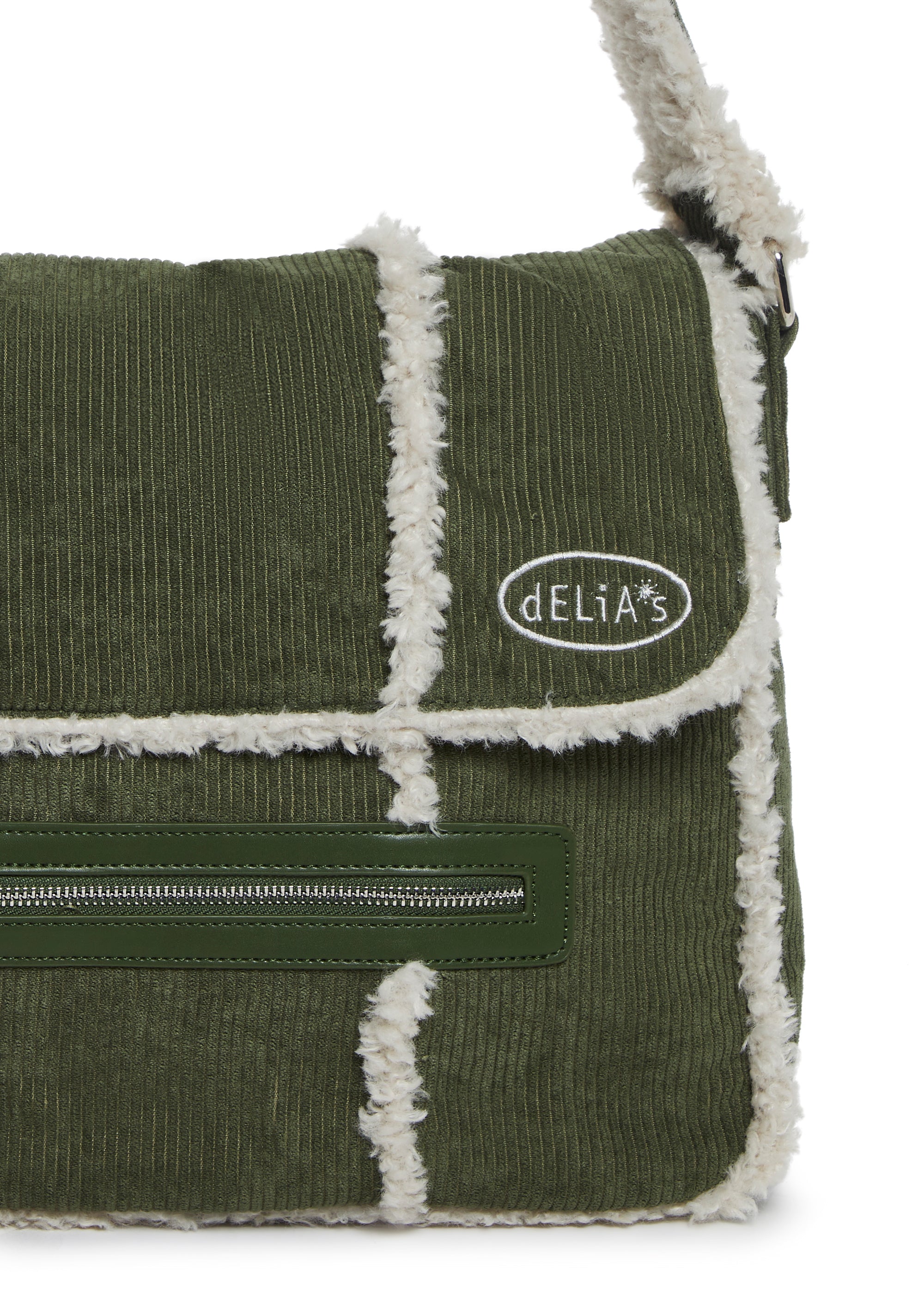 Delia's Corduroy And Shearling Messenger Bag Y2K Retro - Green