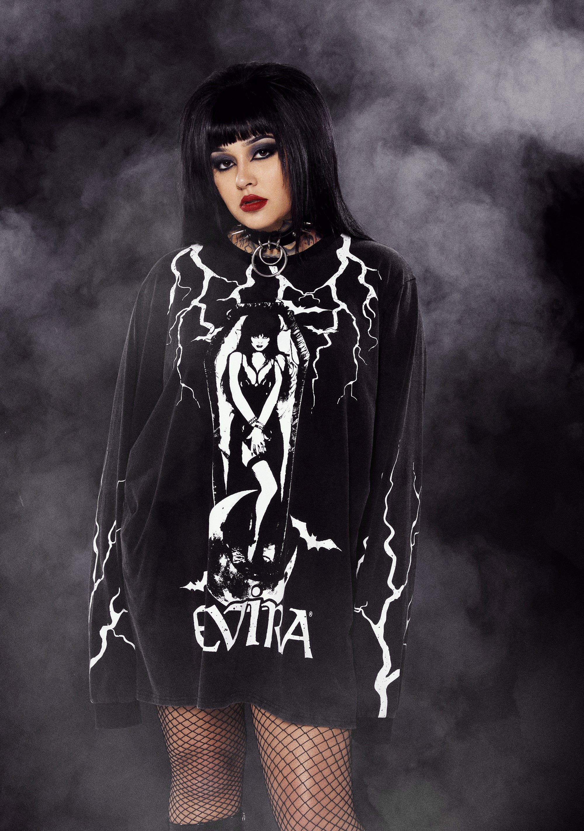 Dolls Kill x Elvira Lightning Graphic Washed Cotton Long