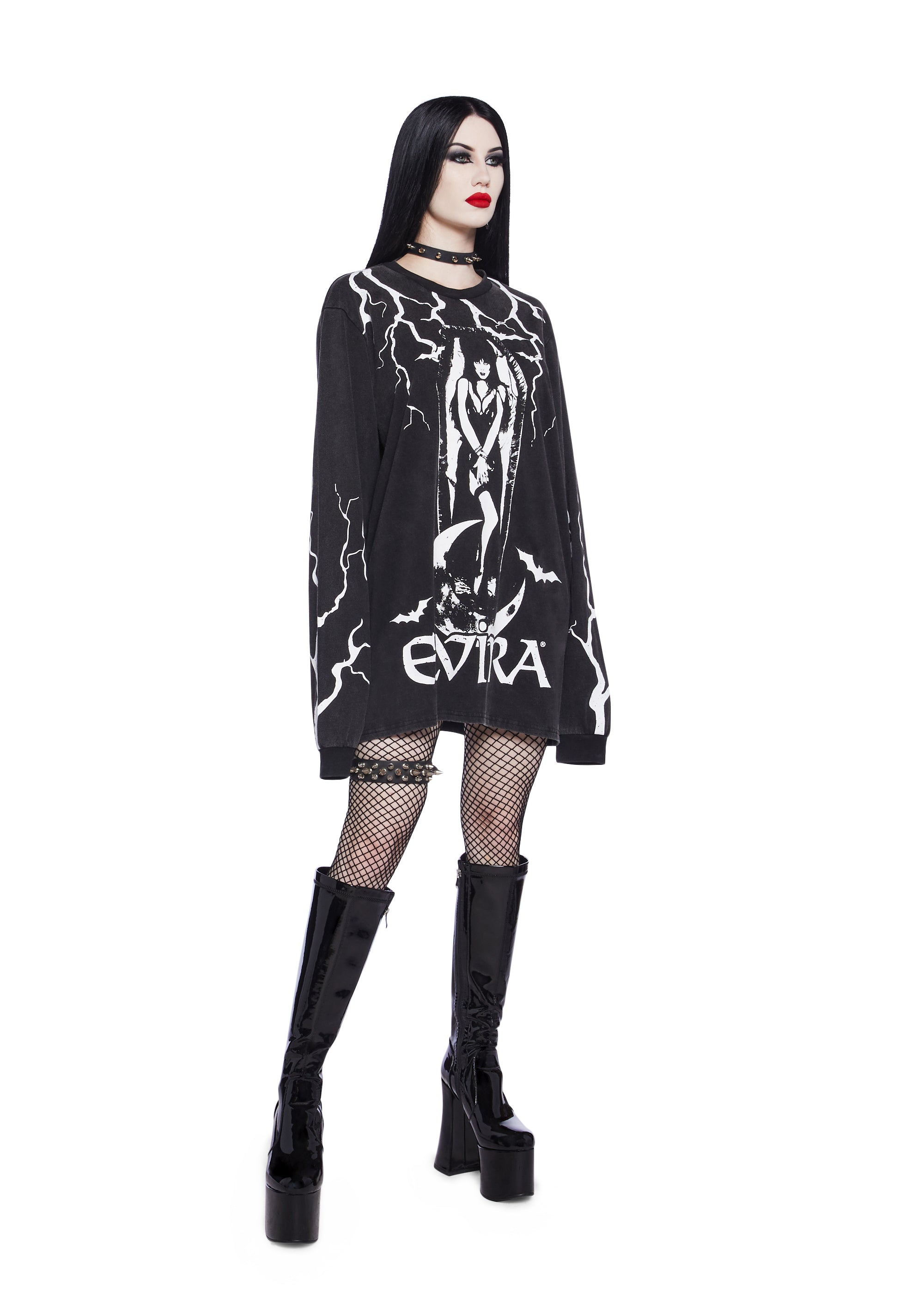 Dolls Kill x Elvira Lightning Graphic Washed Cotton Long