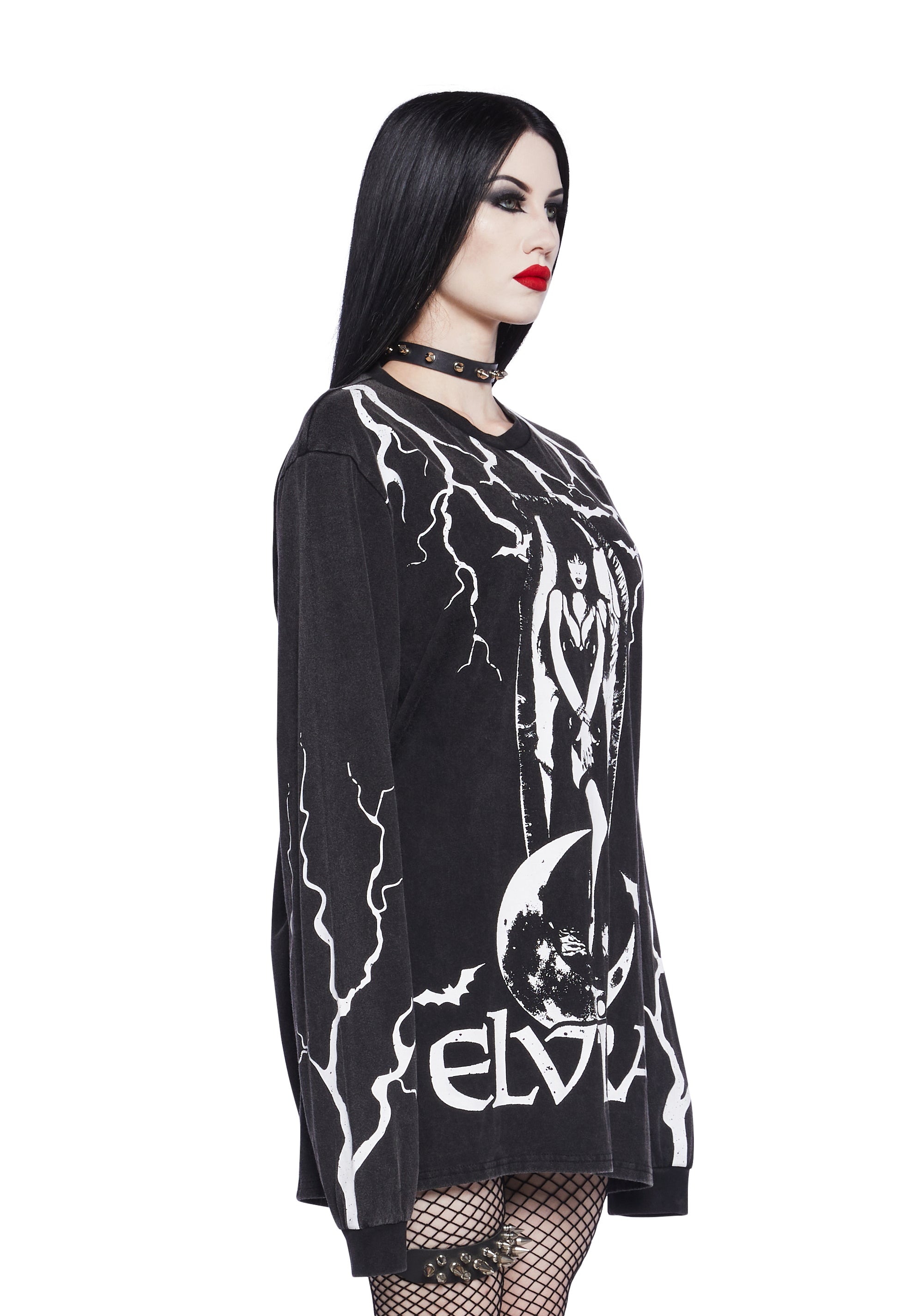 Dolls Kill x Elvira Lightning Graphic Washed Cotton Long Sleeve Oversized  Tee - Black