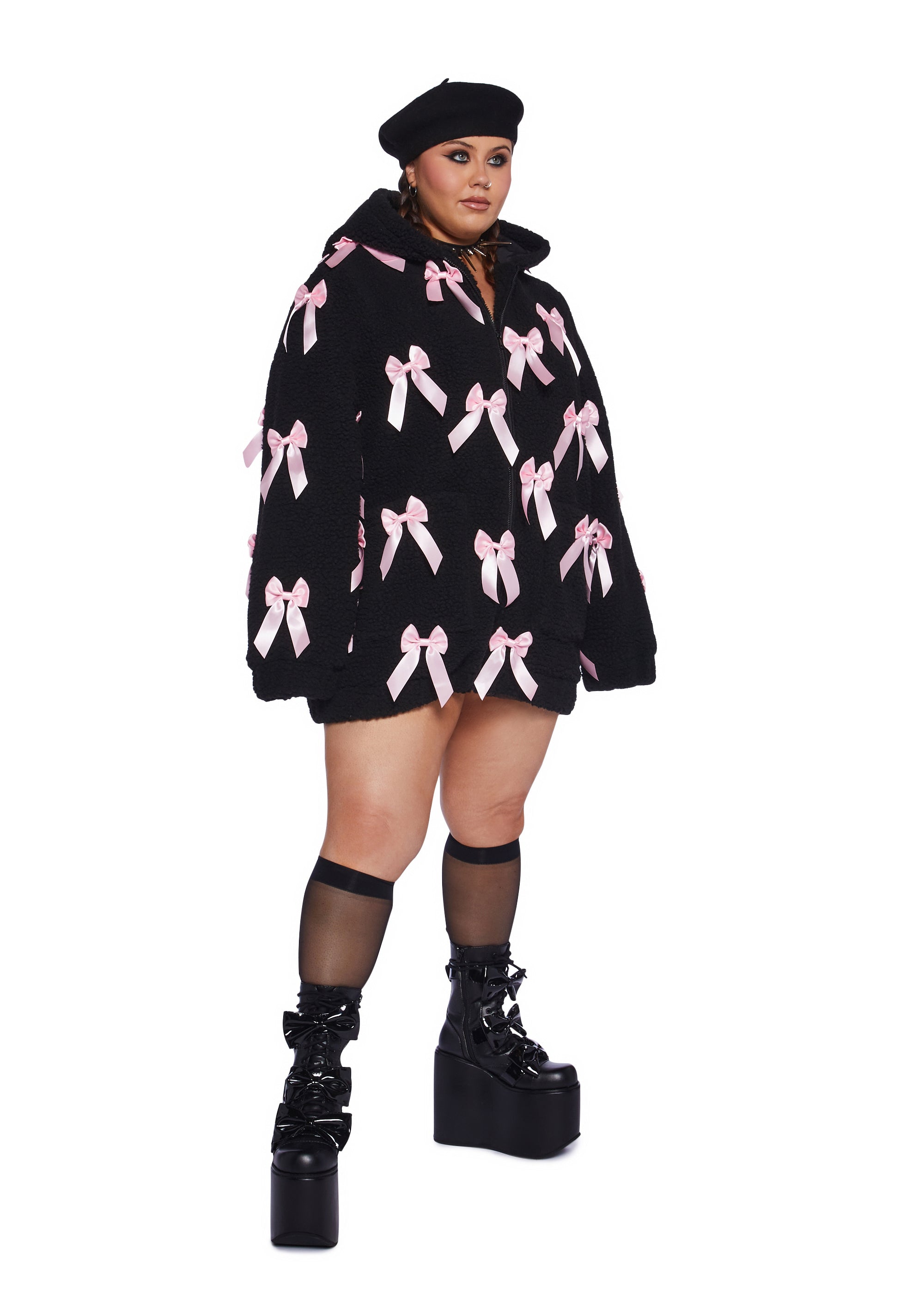 Plus Size Sugar Thrillz Sherpa Jacket With Bows - Black