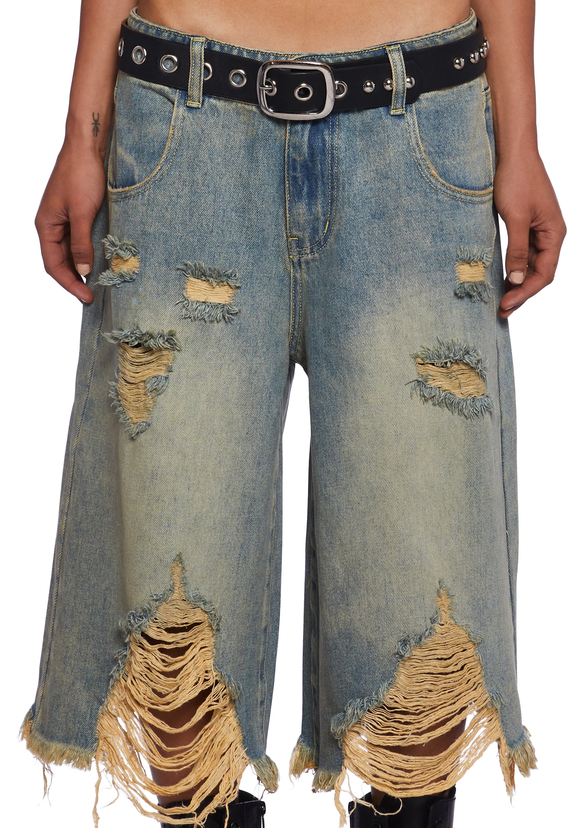 Current Mood Washed Ripped Denim Long Shorts - Blue – Dolls Kill
