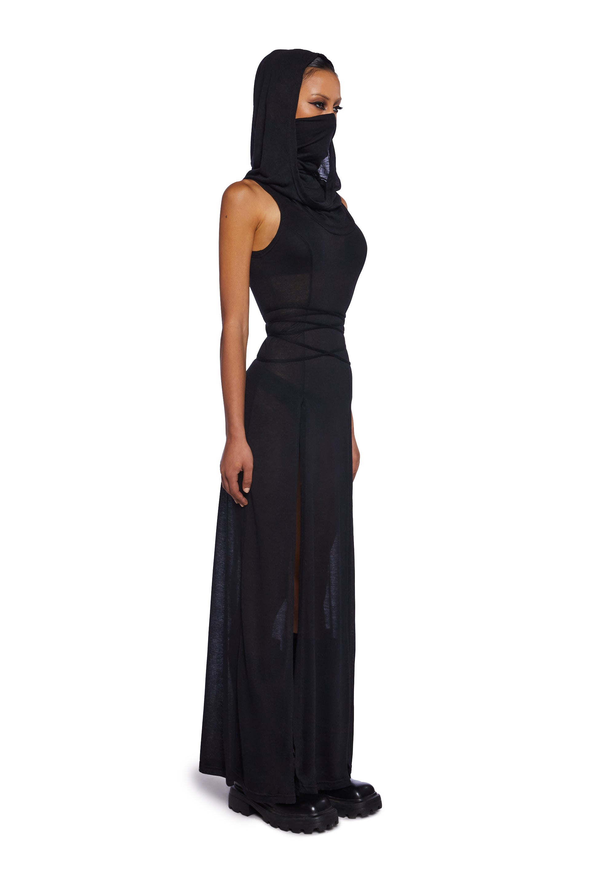 fitted lace wedding dress DARKER WAVS Mask Hood Slit Maxi Dress