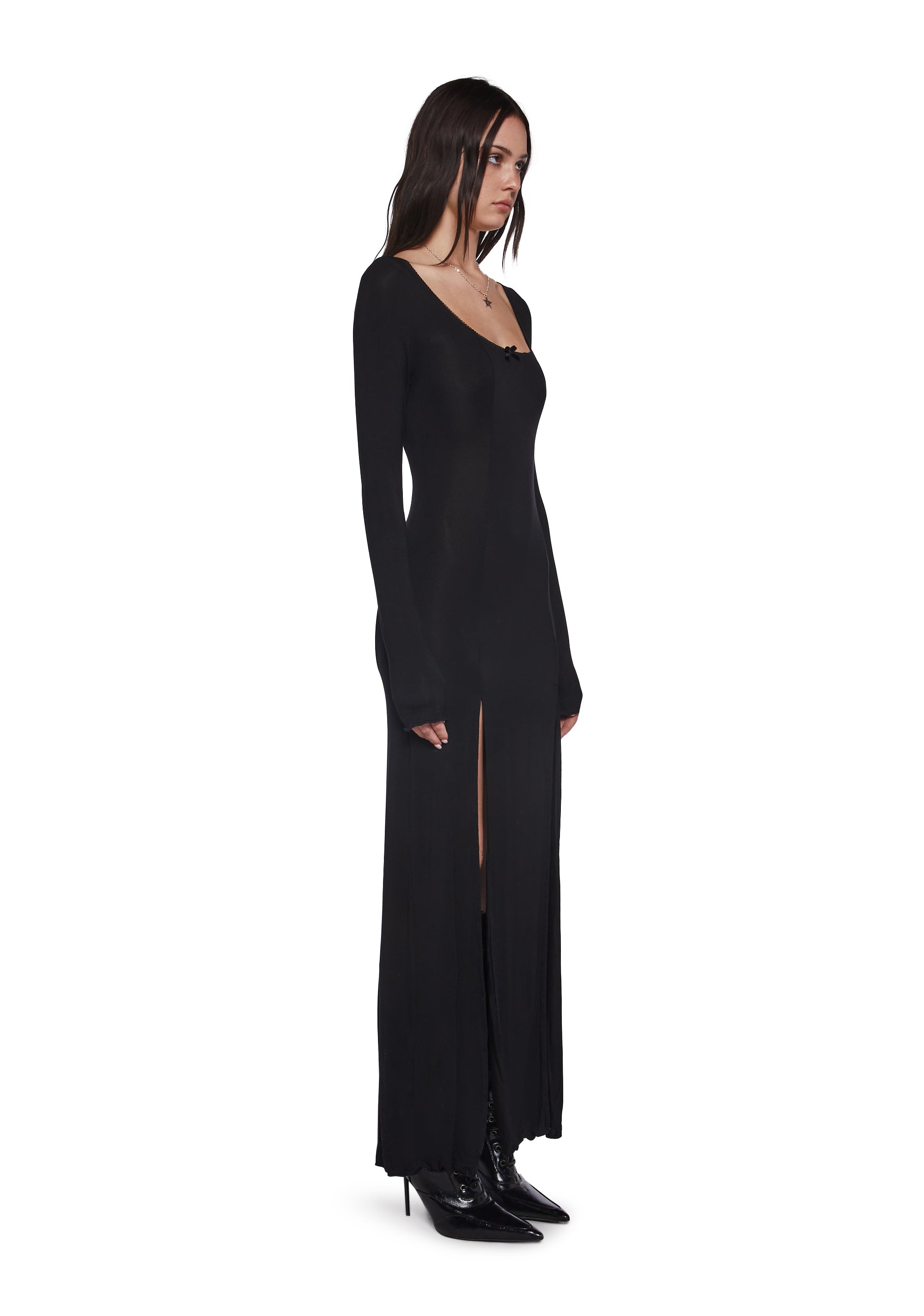 Widow Grunge Stretchy Knit Picot Trim Bow Long Sleeve Bodycon Maxi Dress - Black Dolls Kill Widow Grunge Stretchy Knit Picot Trim Bow Long Sleeve Bodycon Maxi Dress - Black Dolls Kill