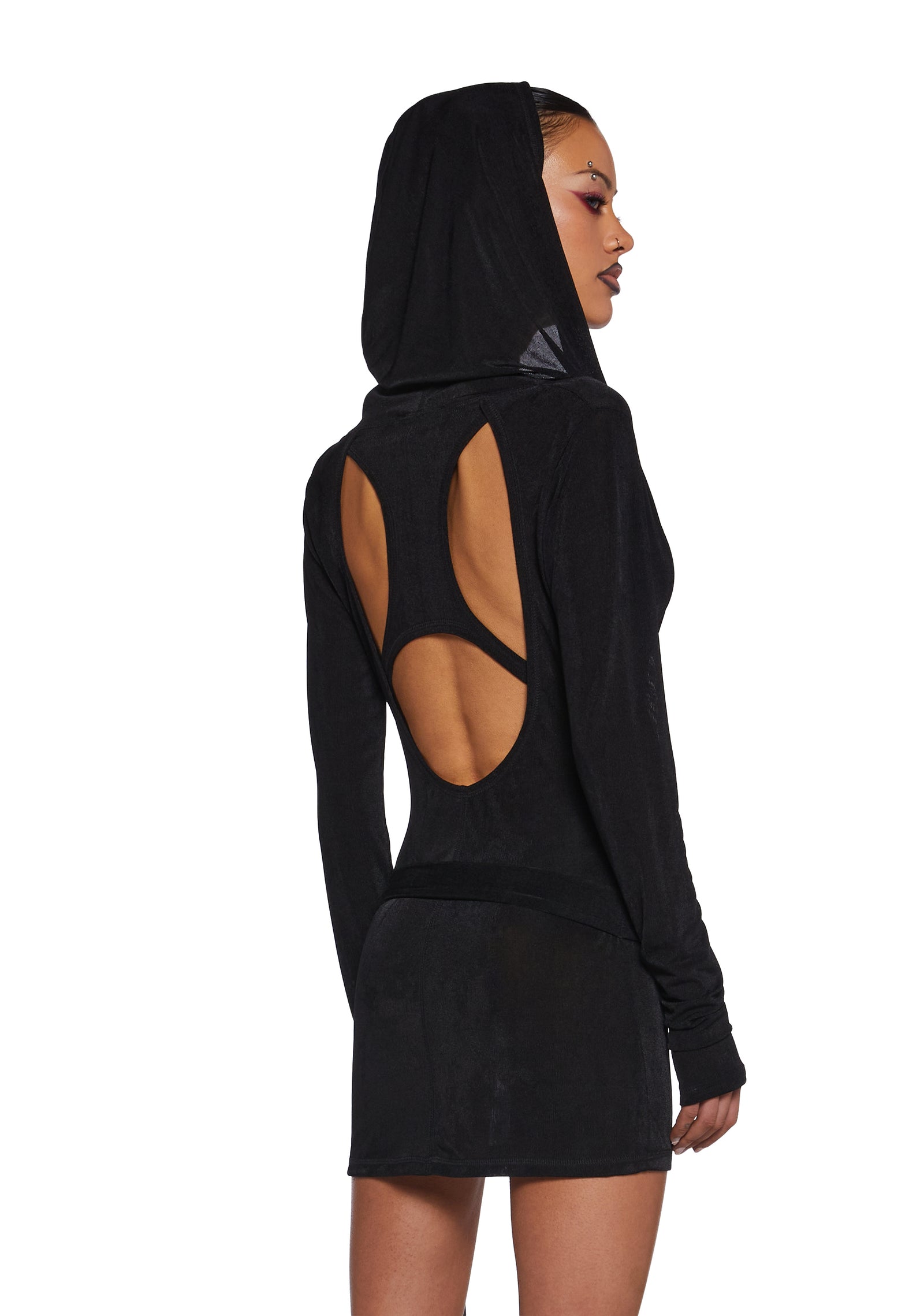 Darker Wavs Shimmer Cut Out Mini Dress With Hood And Belt And Charm