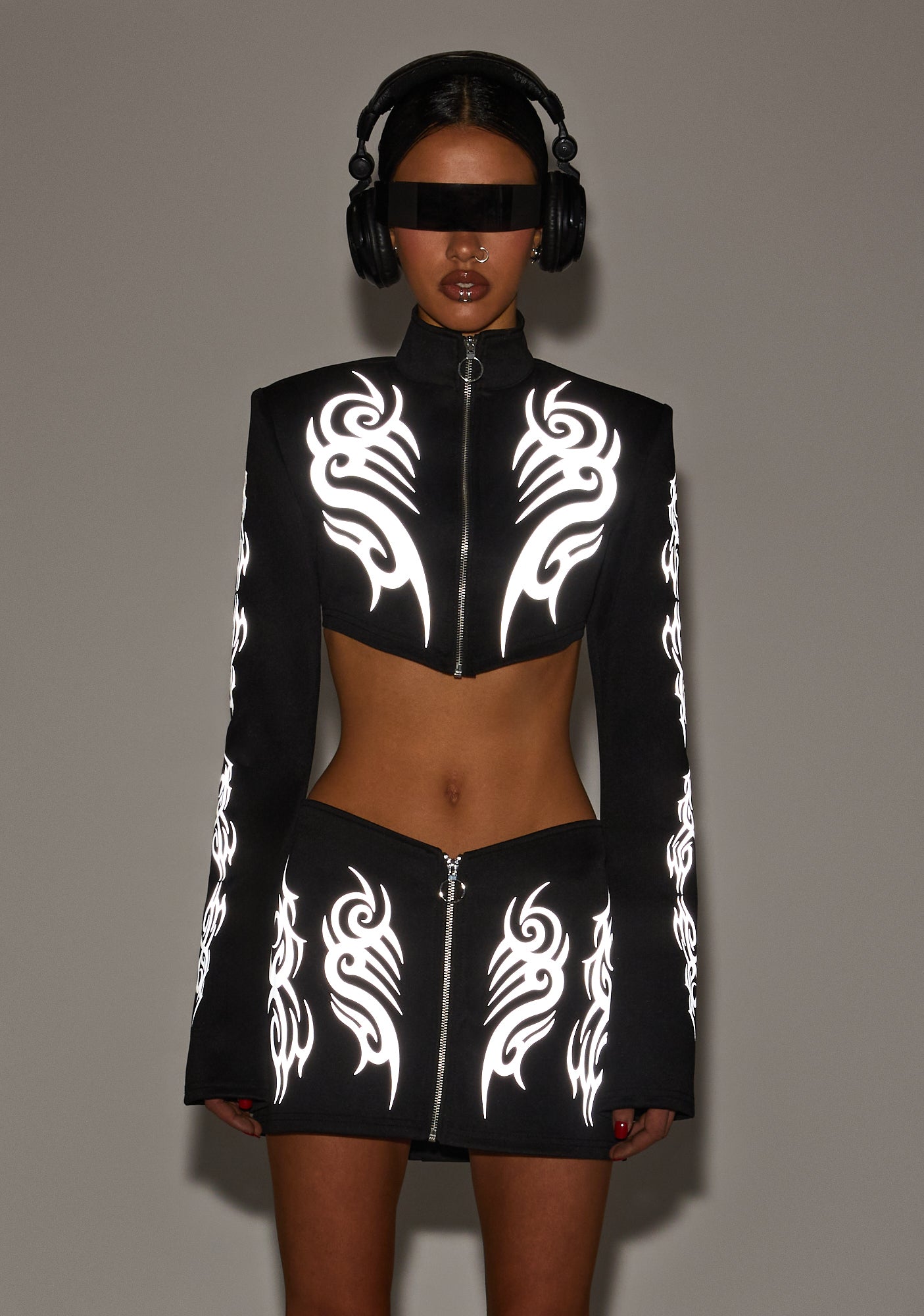Club Exx Reflective Tribal Zip Up Crop Top Rave - Black  Dolls Kill