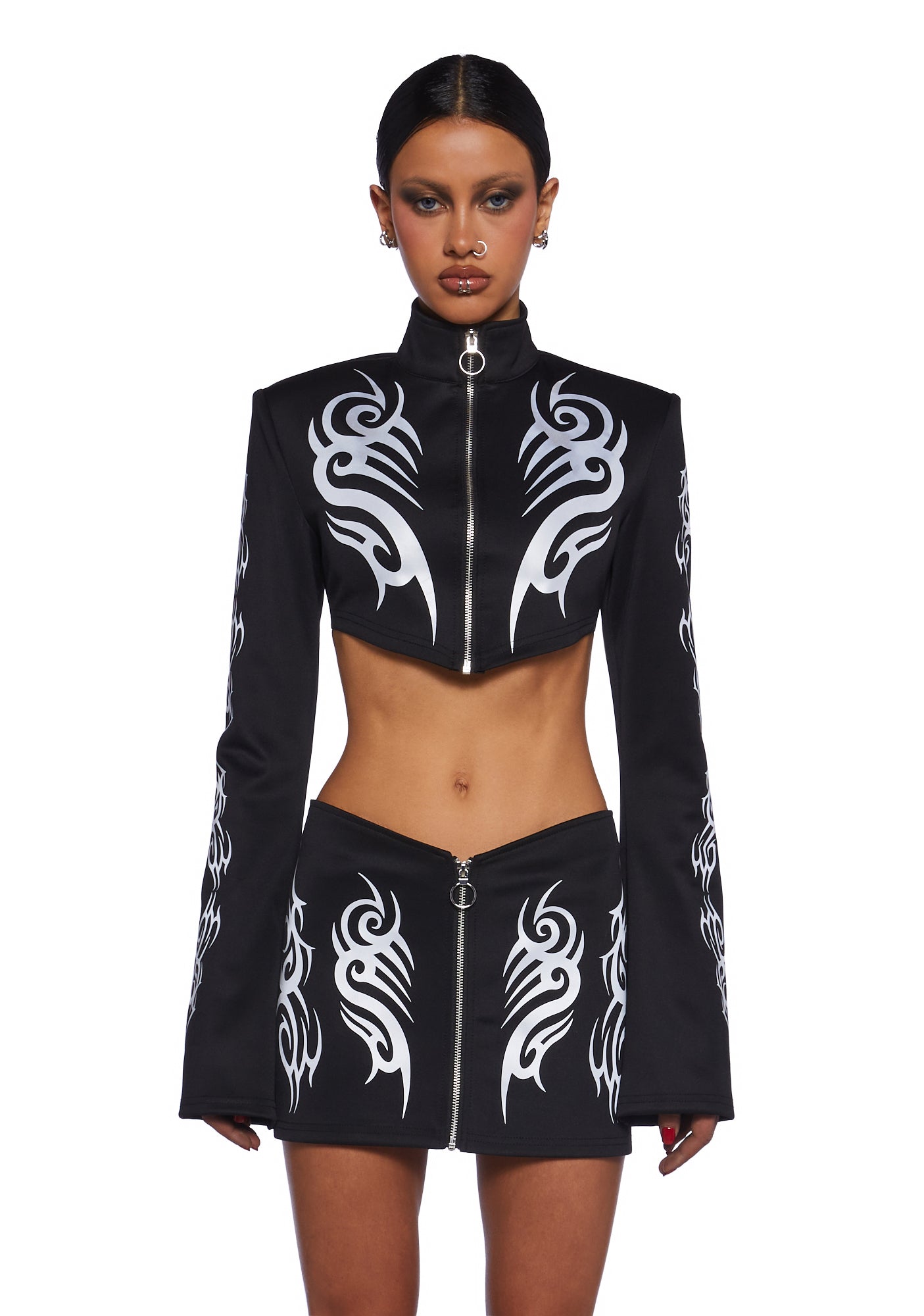 Club Exx Reflective Tribal Zip Up Crop Top Rave - Black – Dolls Kill