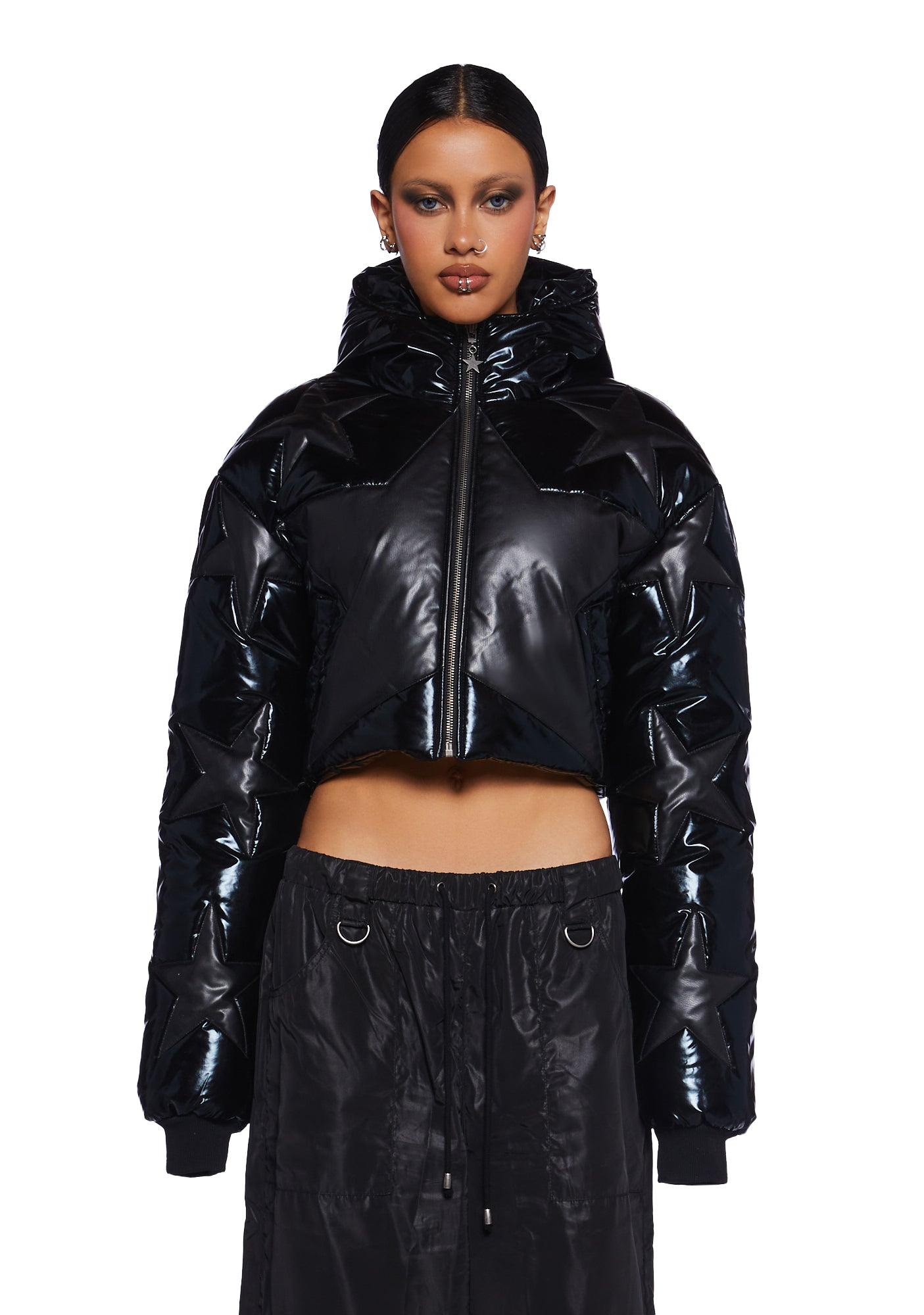 Cropped Puffer Black Vinyl Puffer Jacket With Hood Club Exx Future