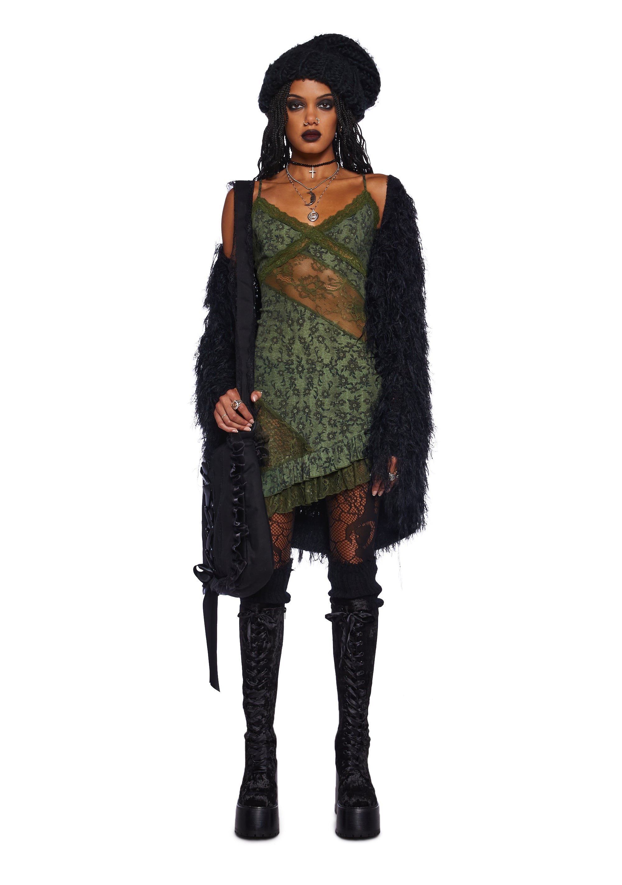 ワンピース Katie grunge doll dress Widow Grunge Stretchy Knit Floral Print Lace Ruffled Mini