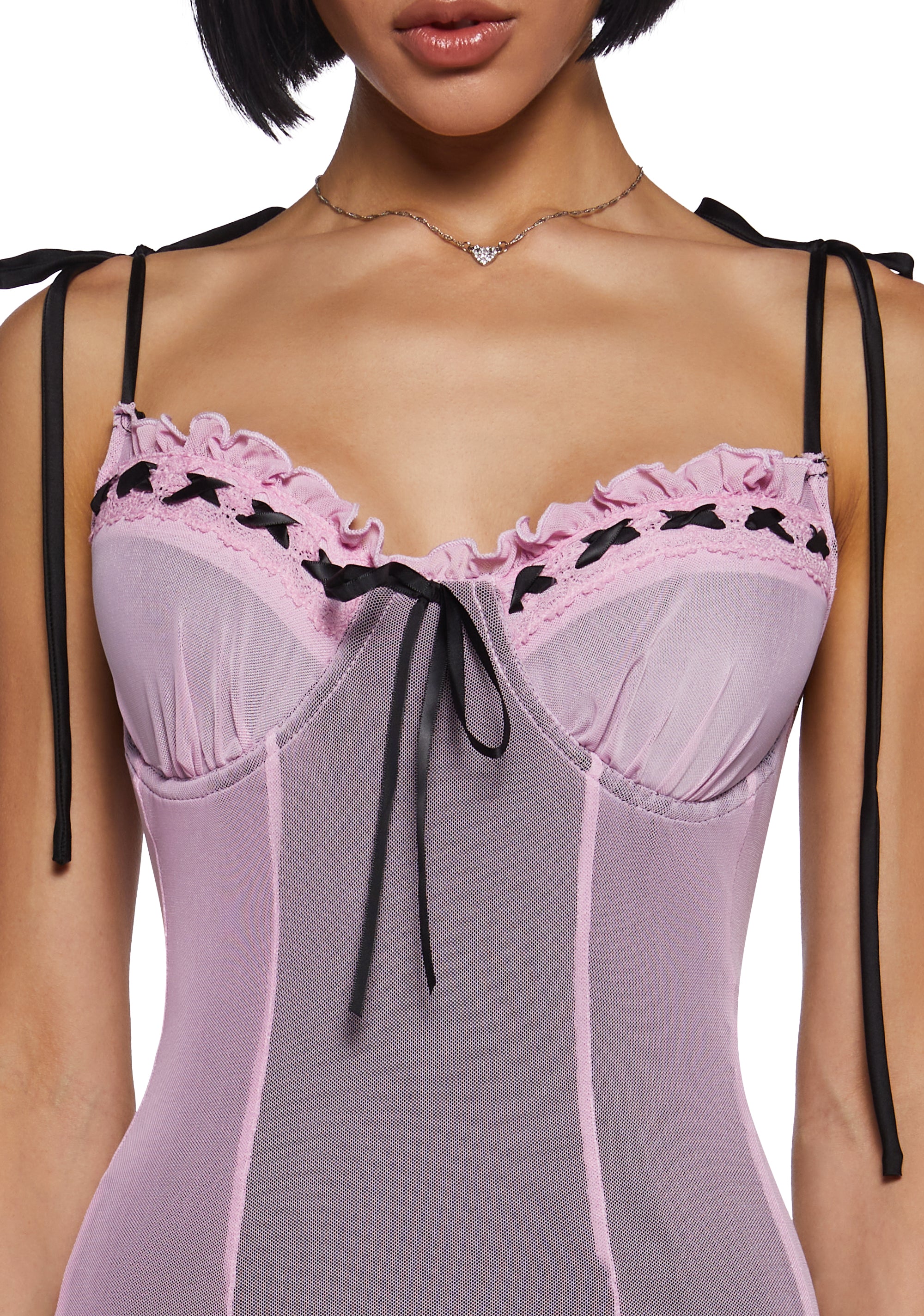 Current Mood Mesh Overlay Ribbon Mini Slip Dress