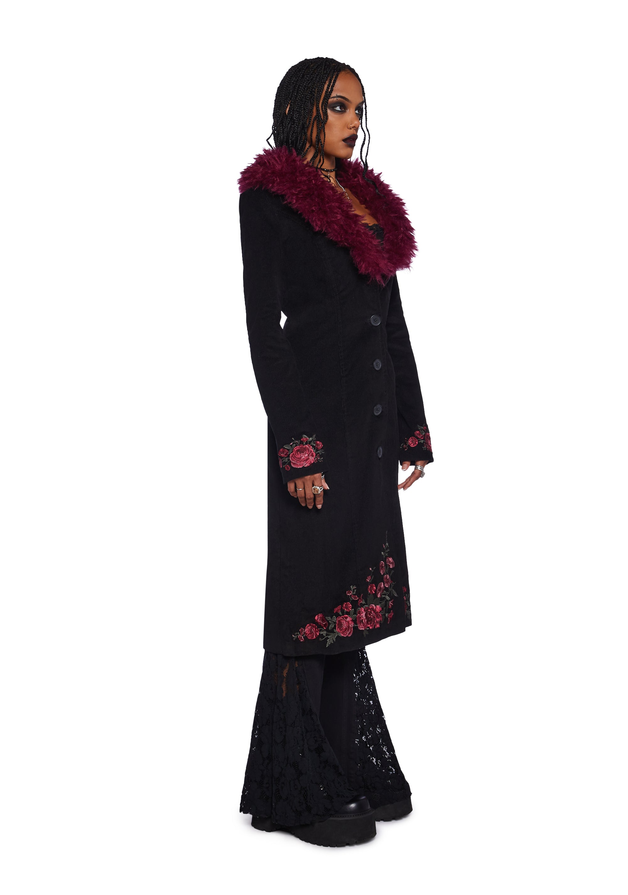 Widow Corduroy Coat With Floral Embroidery And Faux Fur Collar