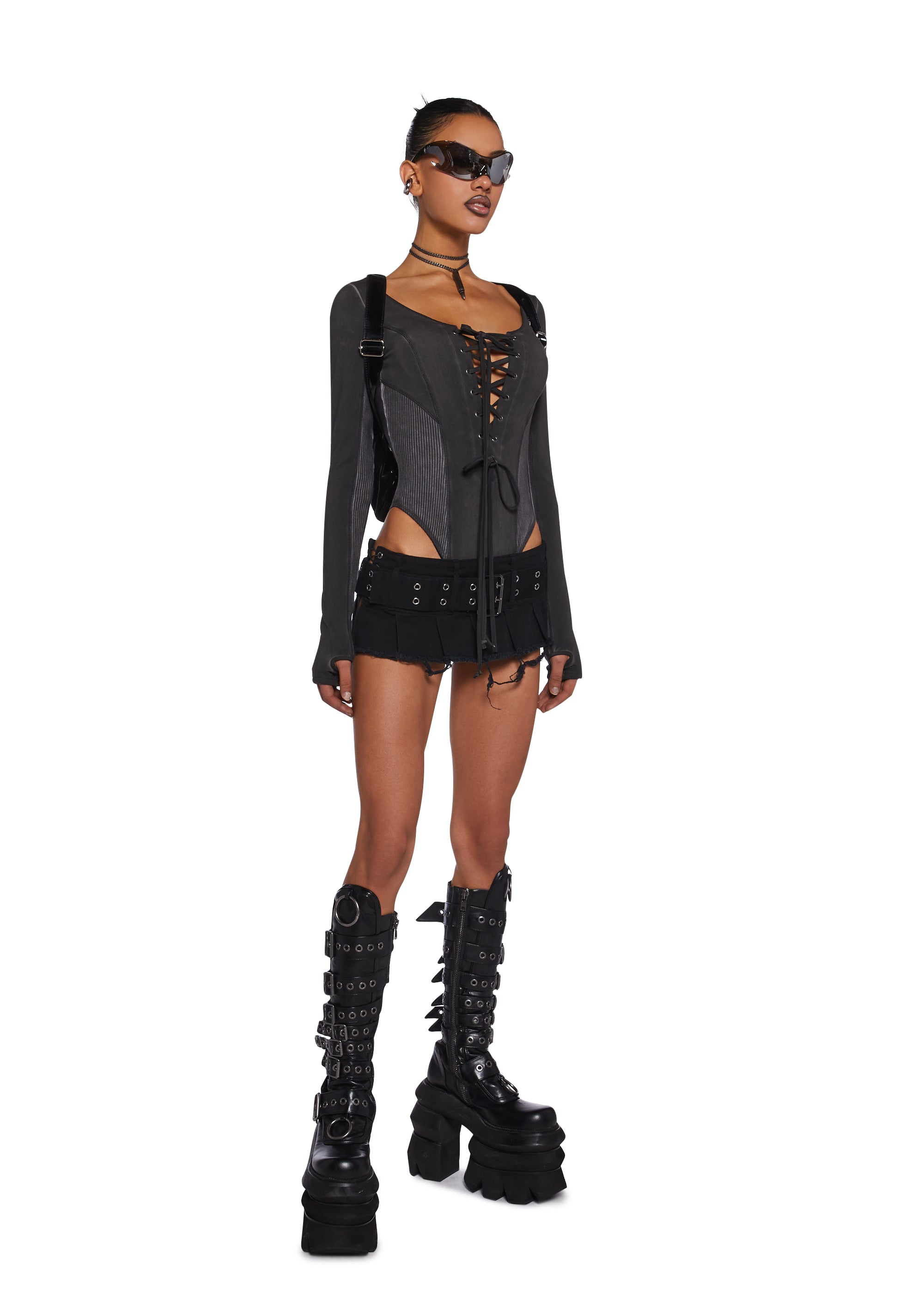 Darker Wavs Ribbed Jersey Bodysuit With Lace Up Details - Black – Dolls Kill