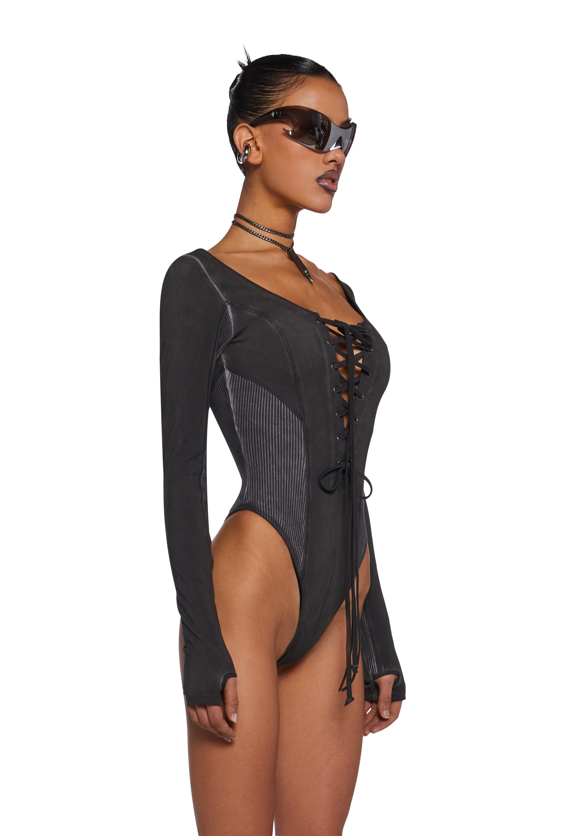 Darker Wavs Ribbed Jersey Bodysuit With Lace Up Details