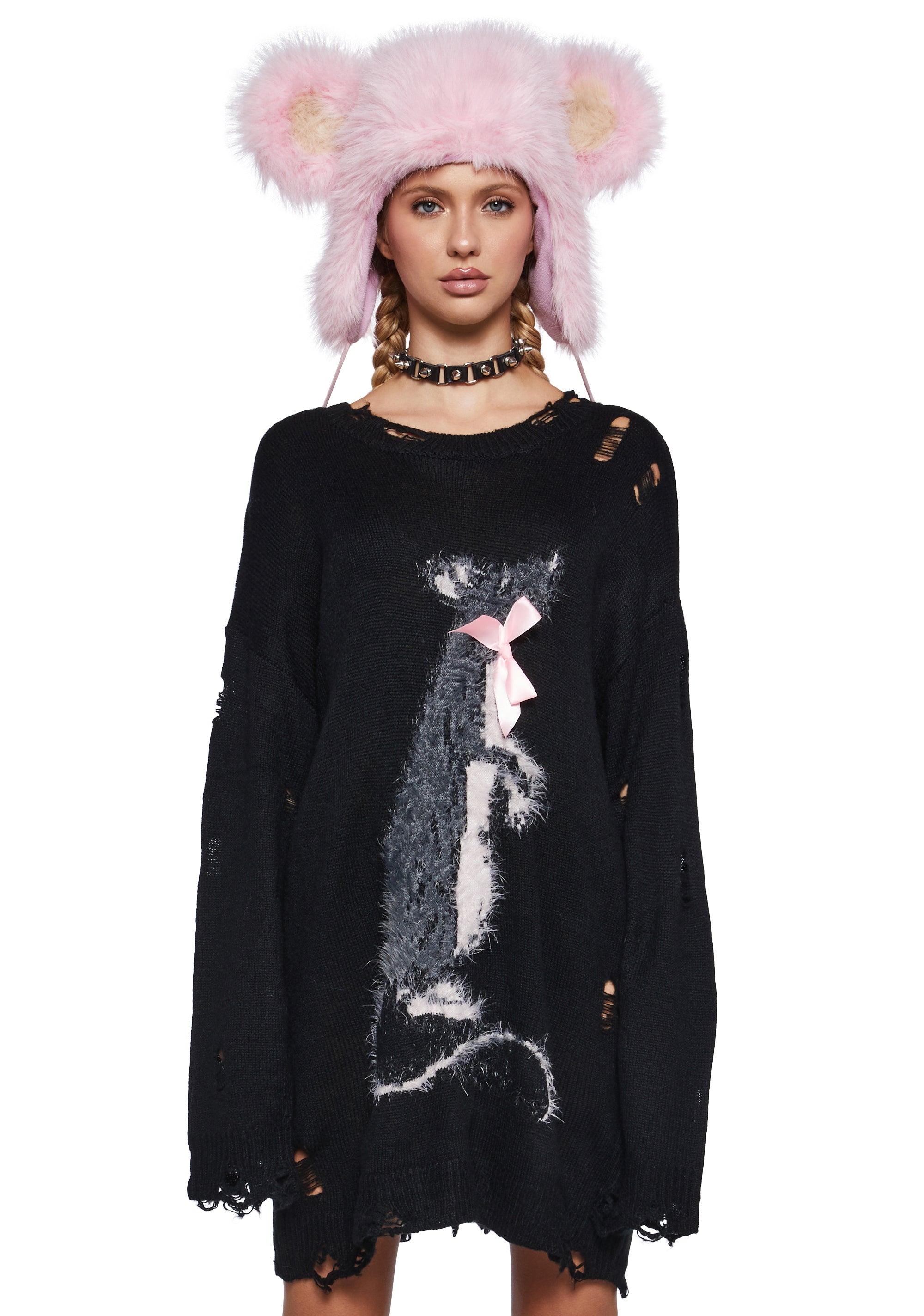 Oversized Distressed Rat Intarsia Knit Sweater Current Mood