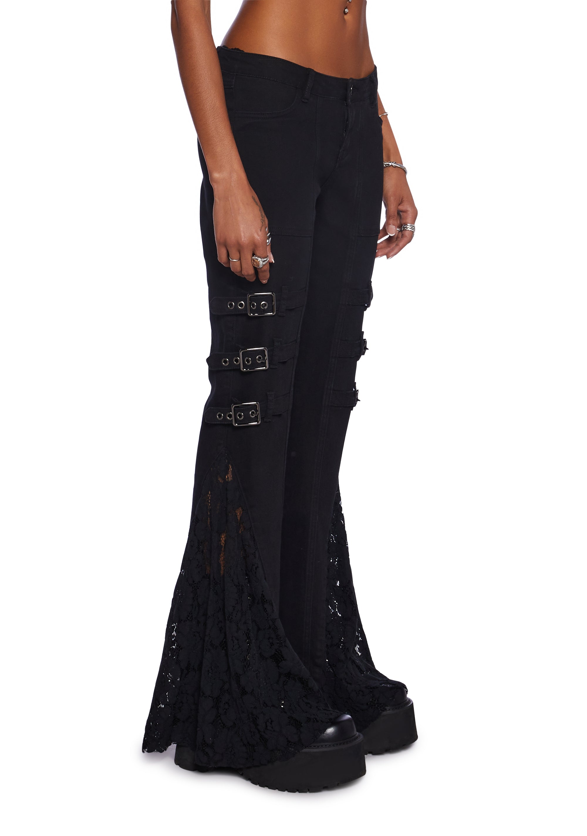 Widow Grunge Stretchy Twill Floral Lace Buckled Flare Pants