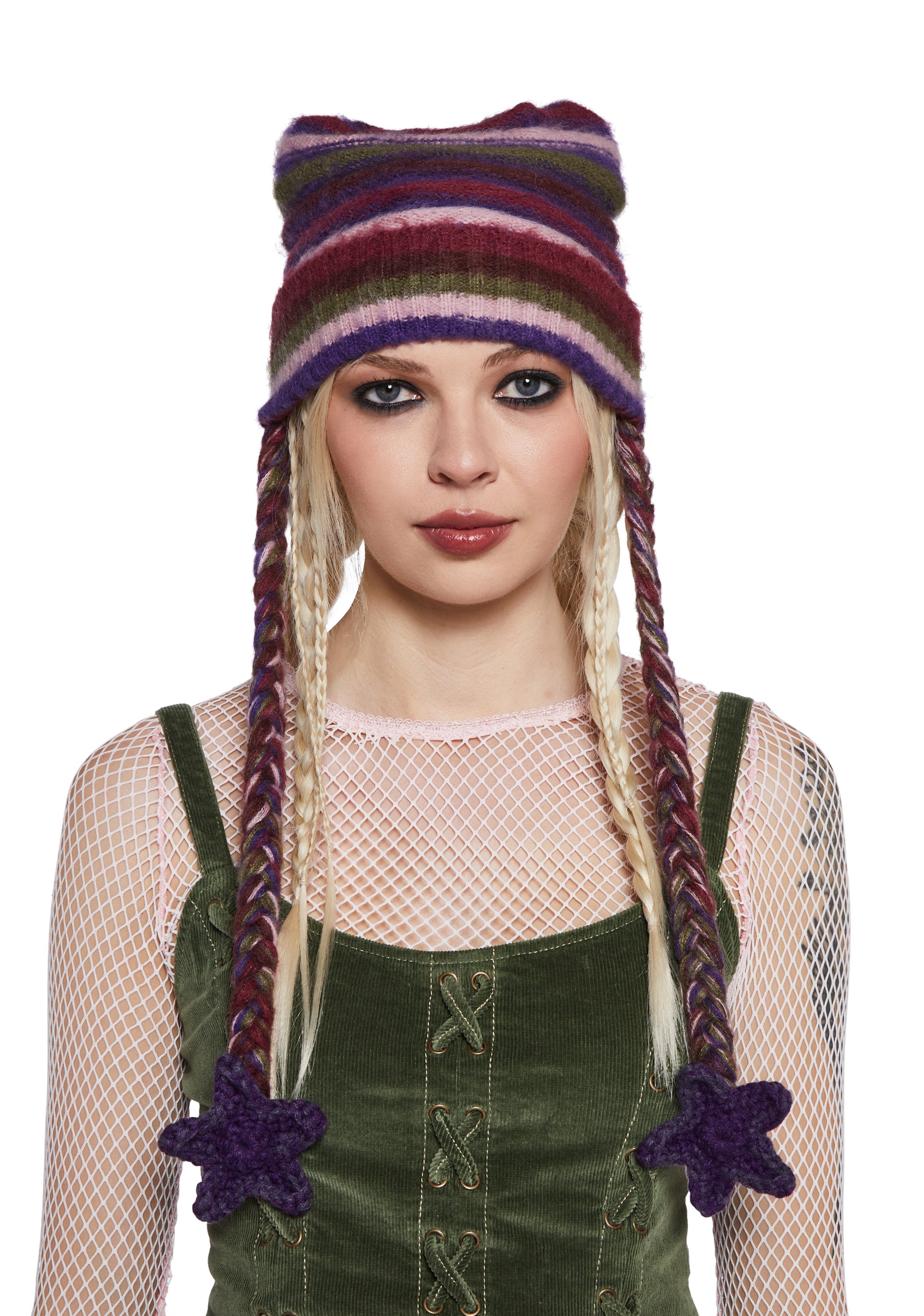Current Mood Space Dye Knit Beanie With Strings On Side And Crochet ...