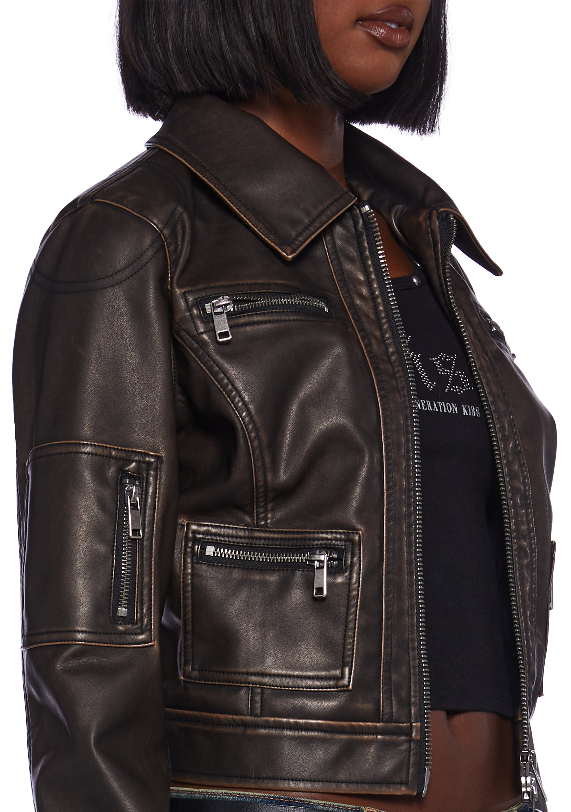 代引き人気 Kiss Generation Matte Moto Cargo Zippered Leather Vegan ジャケット・アウター