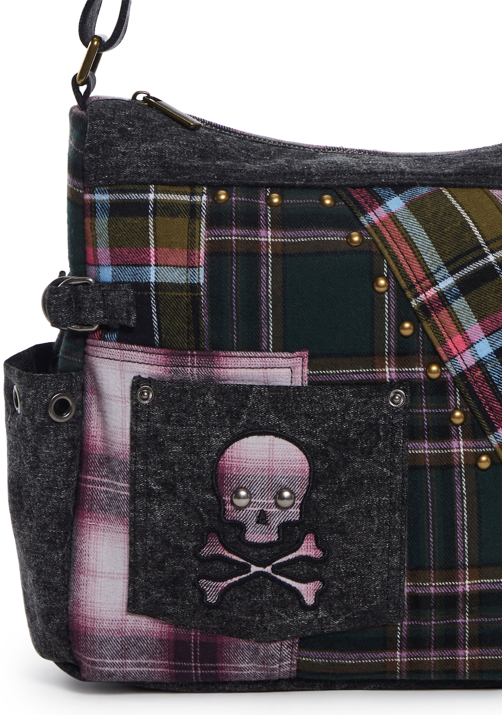 Current Mood Punk Plaid Patchwork Twill Skull Studded
