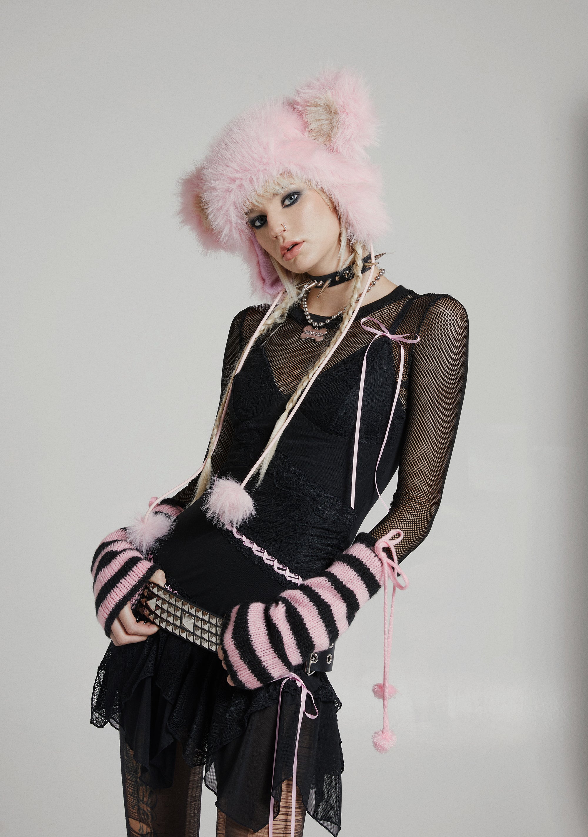 Current Mood Punquetee Punk Rock Fuzzy Faux Fur Pom-Pom Bear Hat