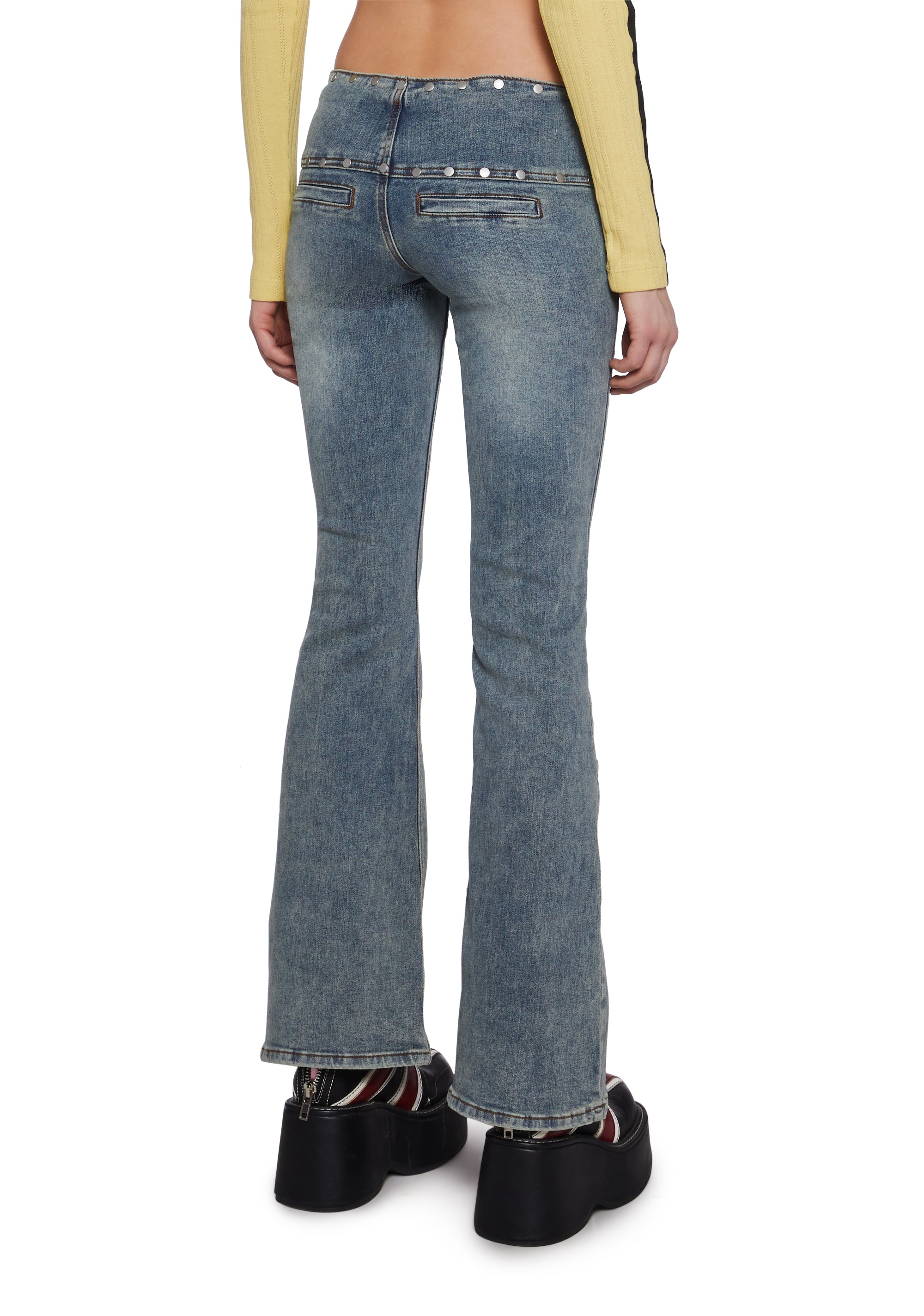 The Ragged Priest Washed Denim Jeans With Buckles And Paneling 