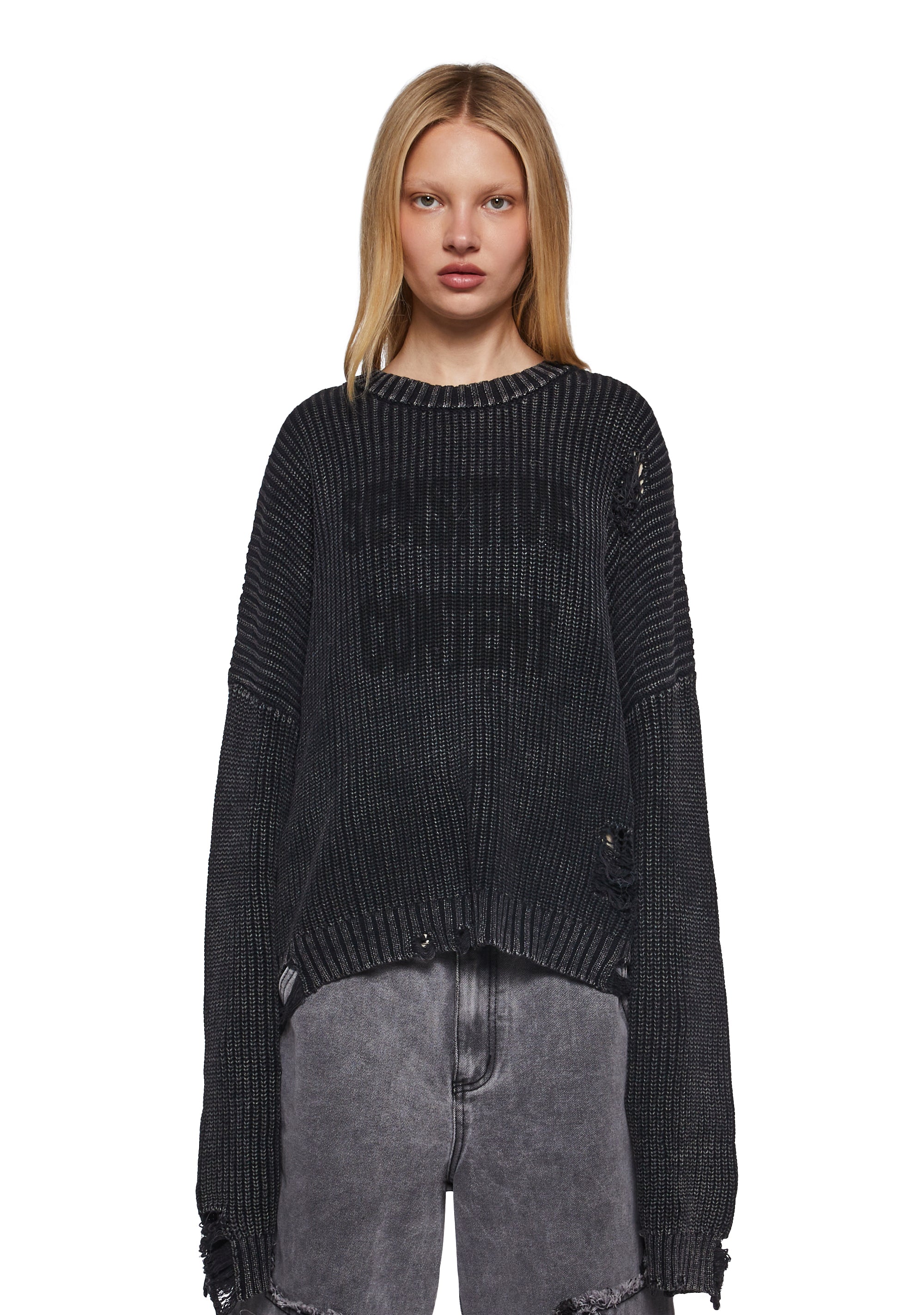 The Ragged Priest Fragile Sensitive Content Distressed Oversized Sweater - Black