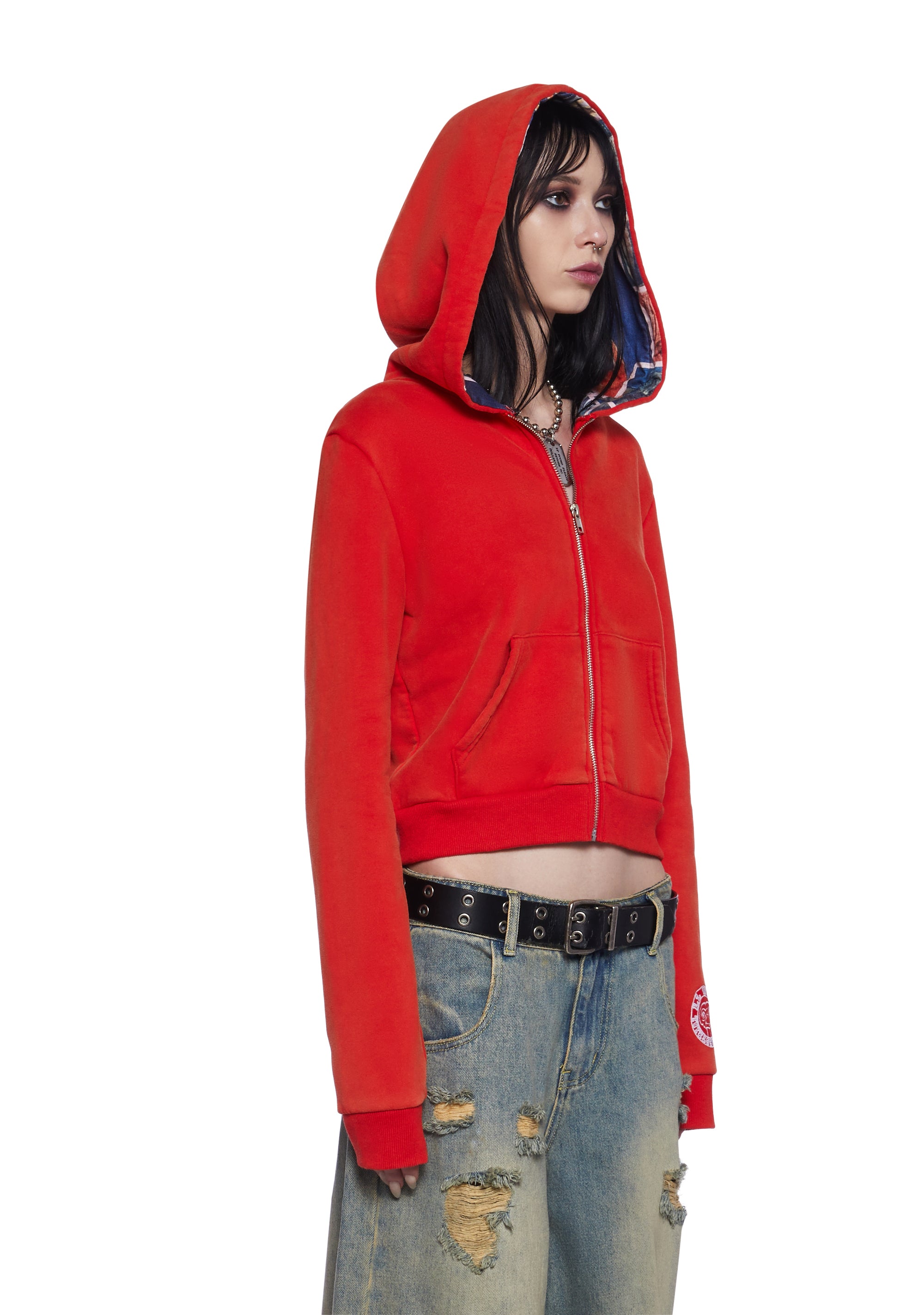 Dolls Kill x E.T. Washed Cropped Hoodie With ET Embroidered Elliot Phone Home Red