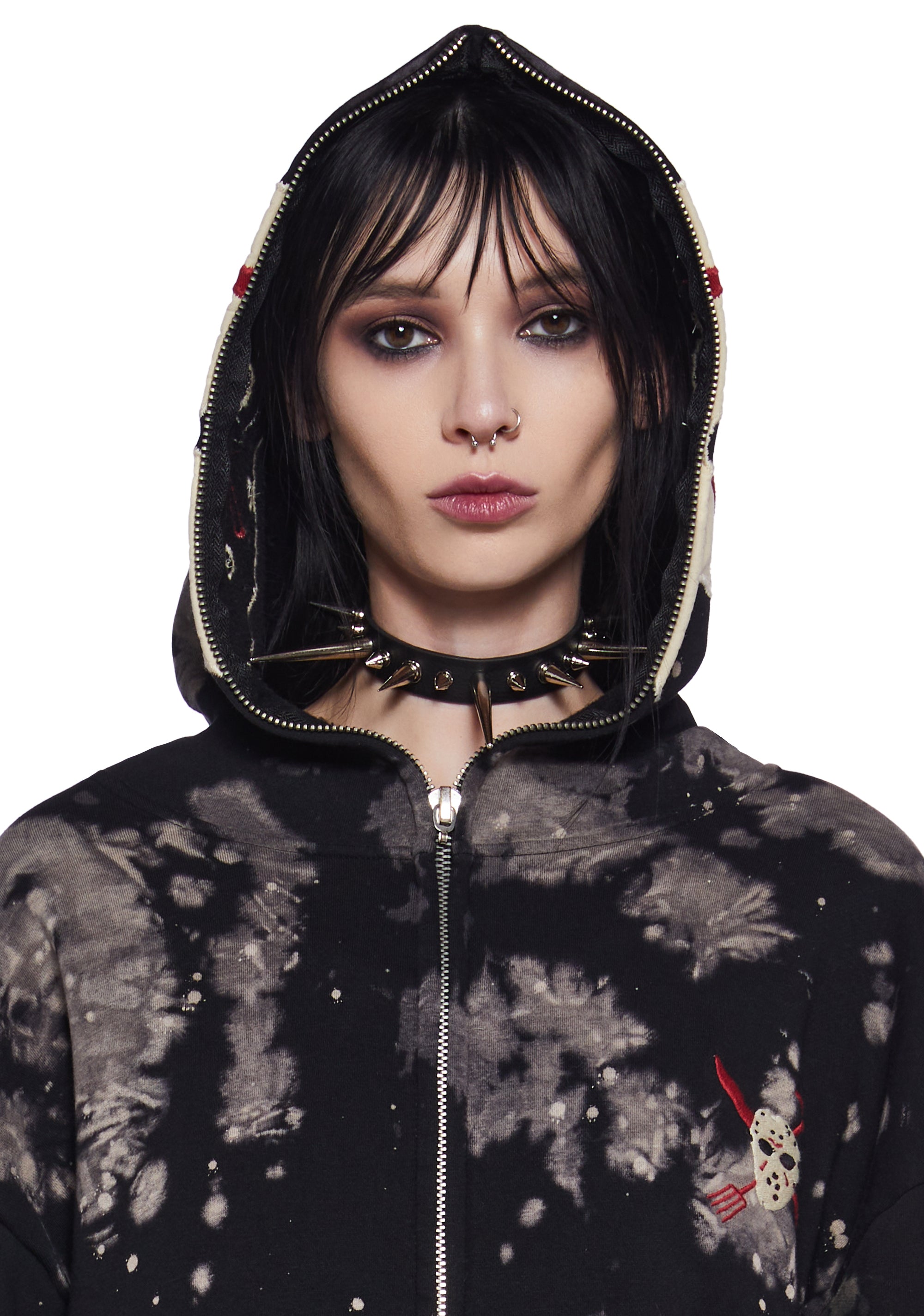 Dolls Kill x Friday the 13th Jason Voorhees Horror Slasher Movie Mask Distressed Zip Up Hoodie Black
