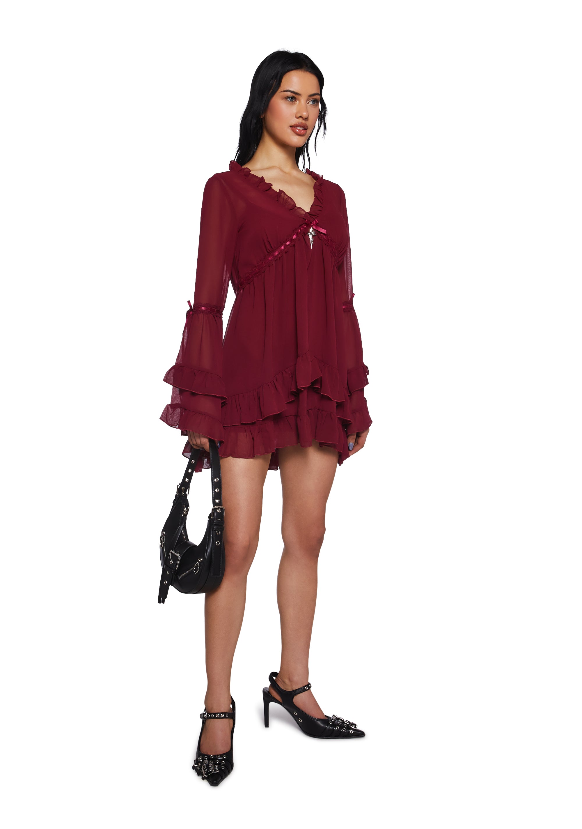 Widow Chiffon Mini Dress With Bell Sleeves And Cross Charm - Dark Red Dolls Kill Widow Chiffon Mini Dress With Bell Sleeves And Cross Charm - Dark Red Dolls Kill