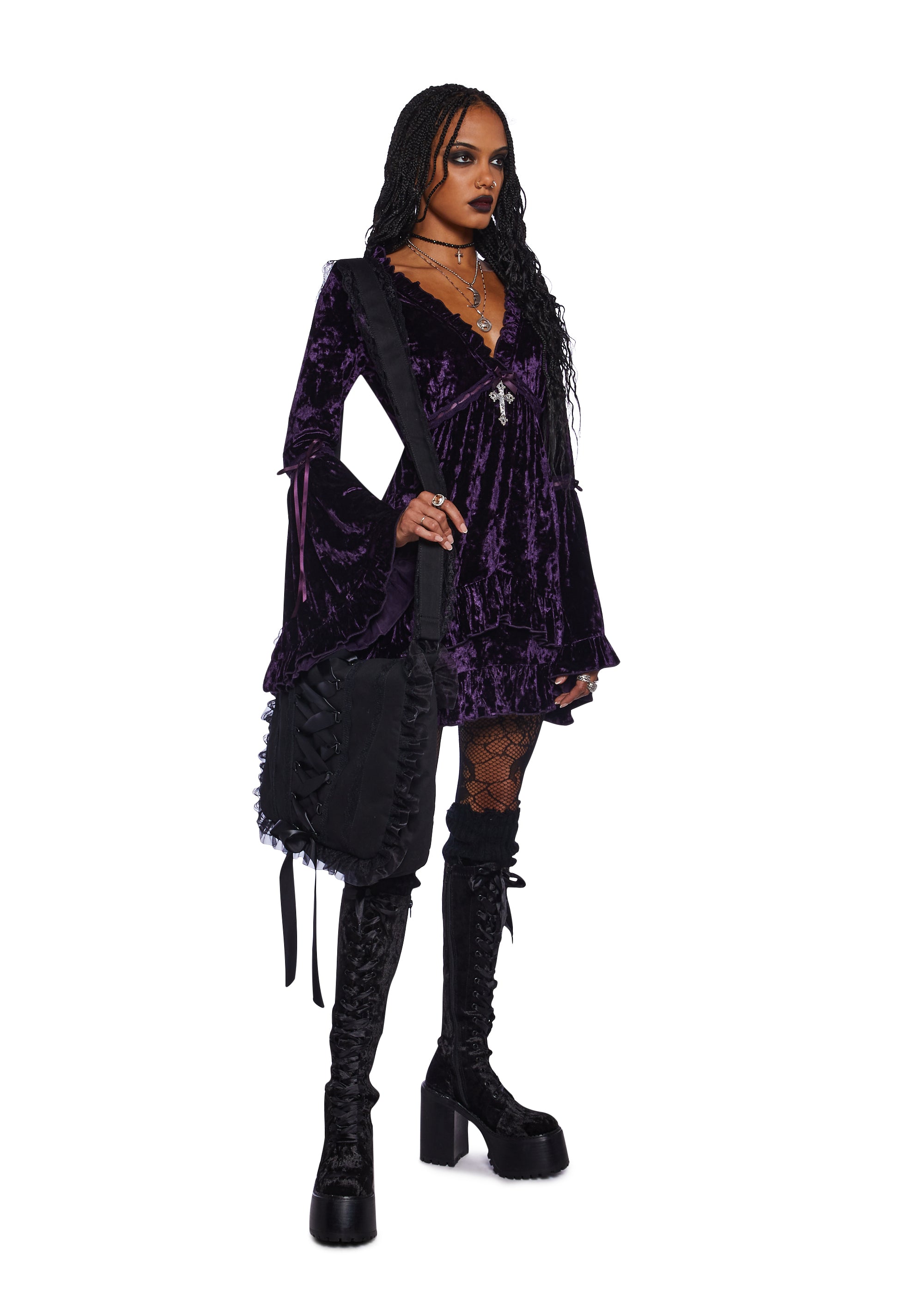 Widow Velvet Mini Dress with Bell Sleeves and Cross Charm - Purple Purple / X-Small Widow Velvet Mini Dress with Bell Sleeves and Cross Charm - Purple Purple / X-Small