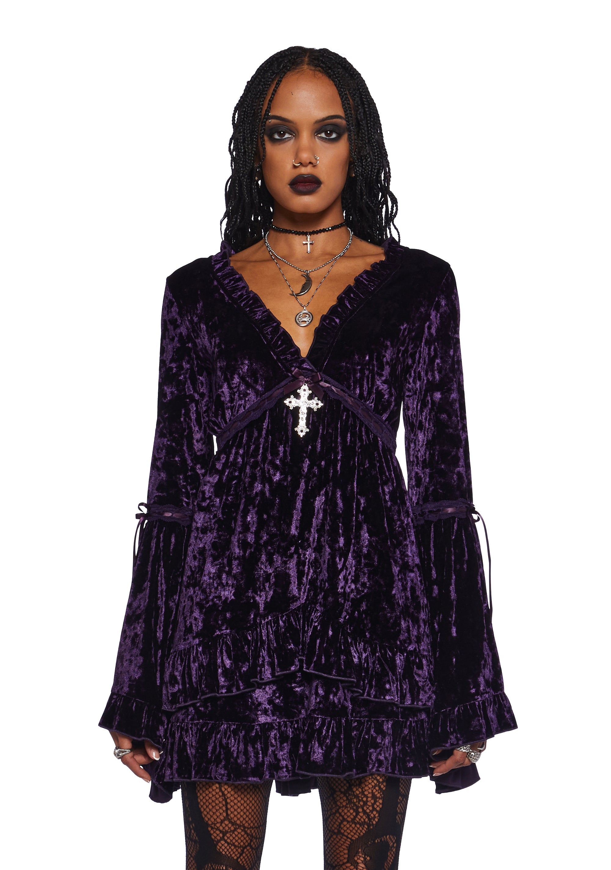 Widow Velvet Mini Dress With Bell Sleeves And Cross Charm