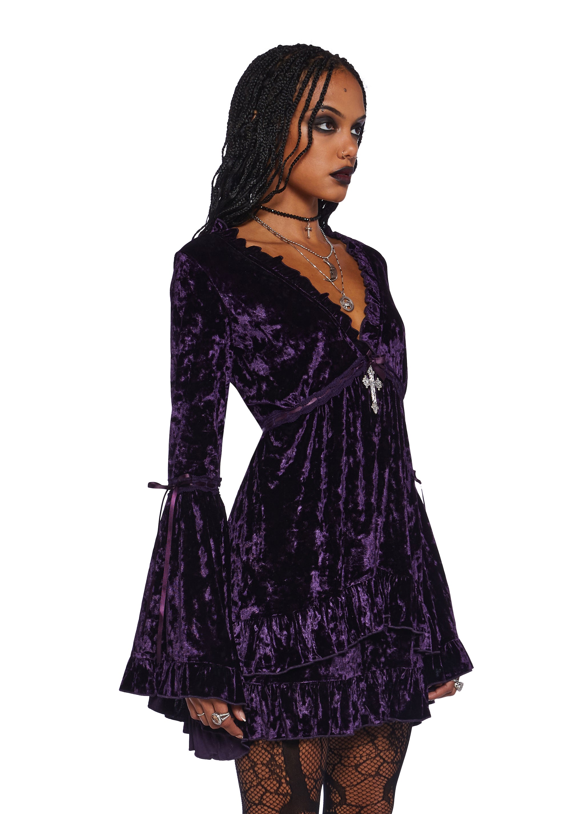 Widow Velvet Mini Dress With Bell Sleeves And Cross Charm - Purple Dolls Kill Widow Velvet Mini Dress With Bell Sleeves And Cross Charm - Purple Dolls Kill