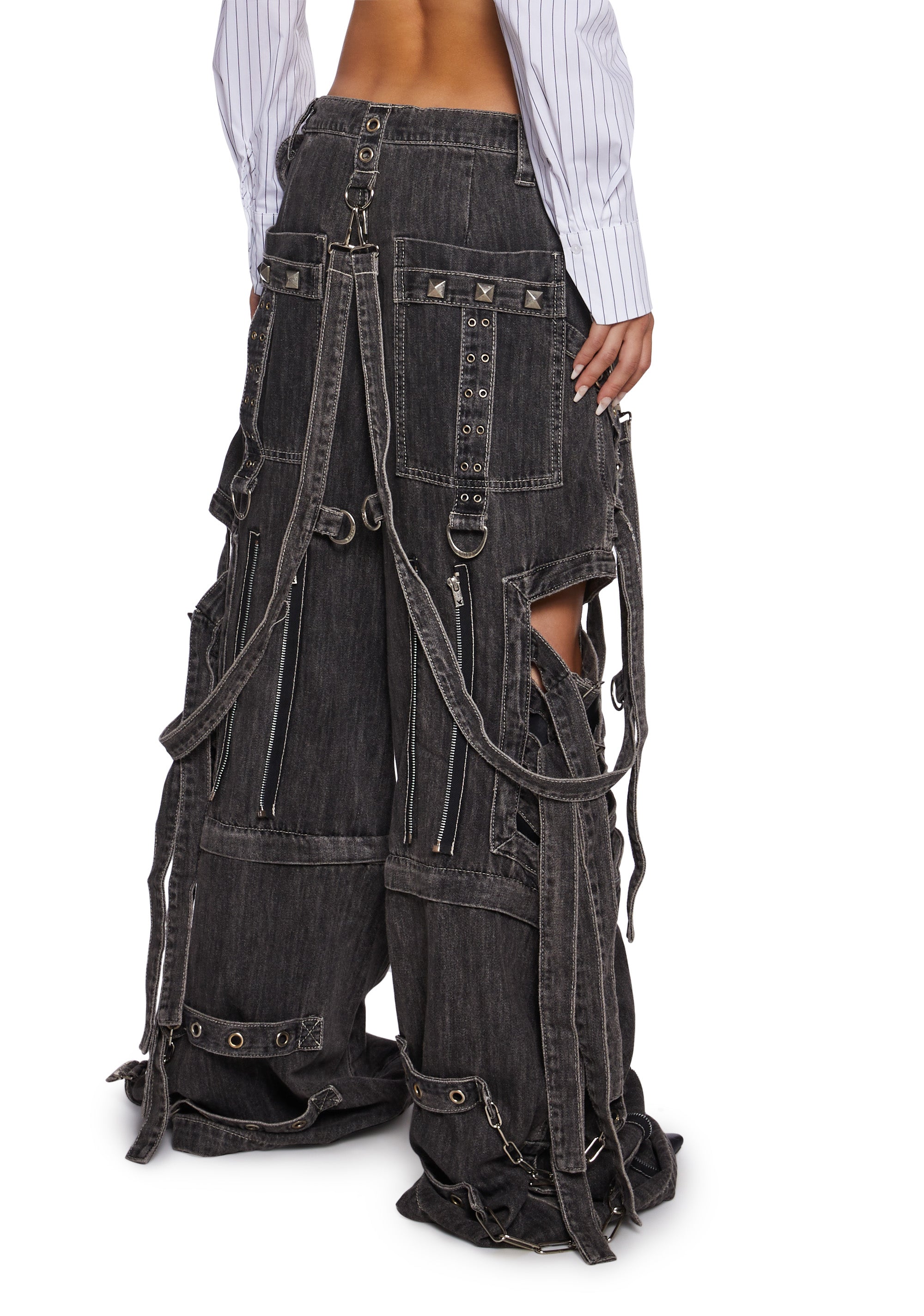 Tripp NYC Studded Zippered Cut-Out Wide Leg Denim Pants