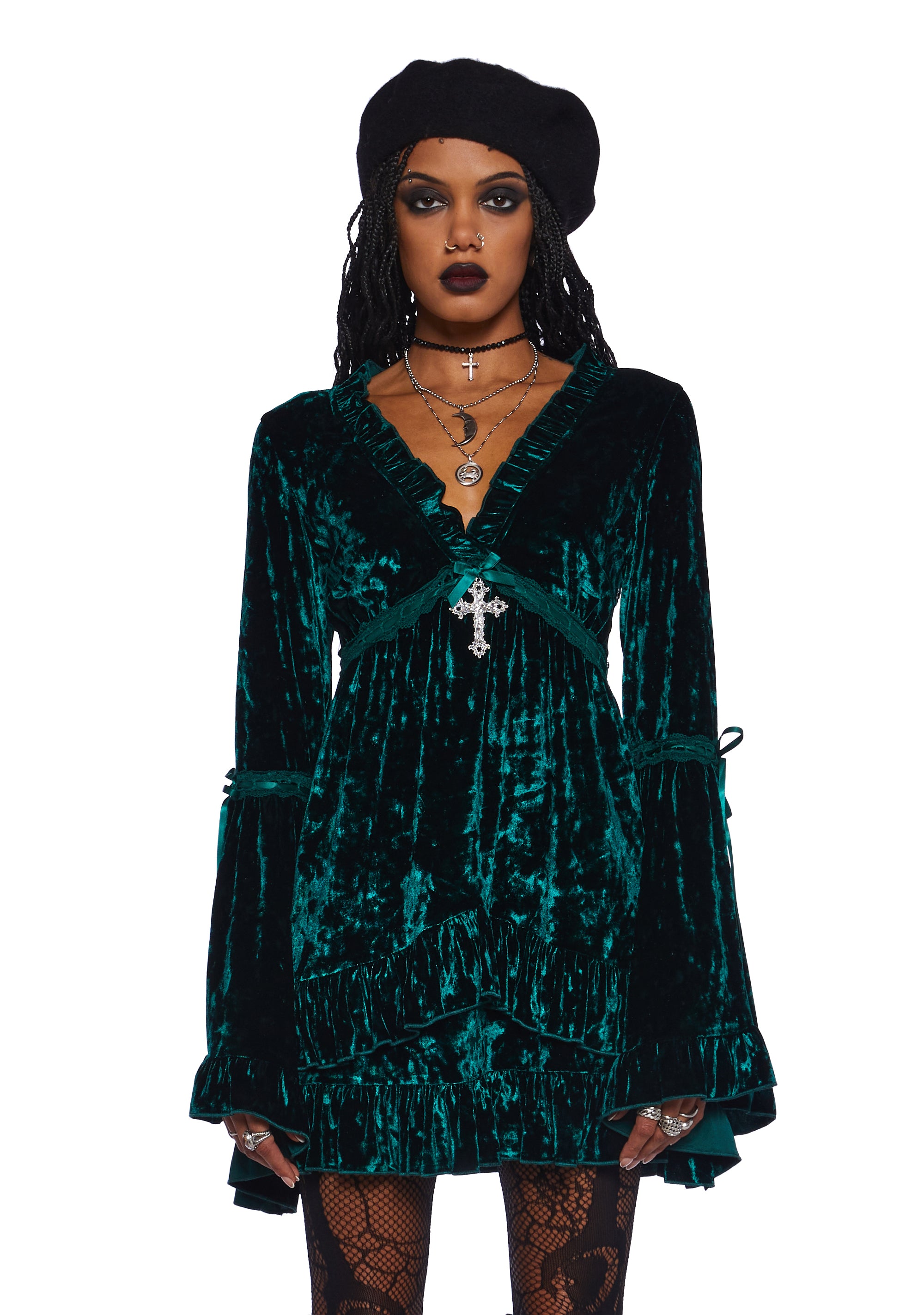 Widow Crushed Mini Dress With Bell Sleeves And Cross Charm