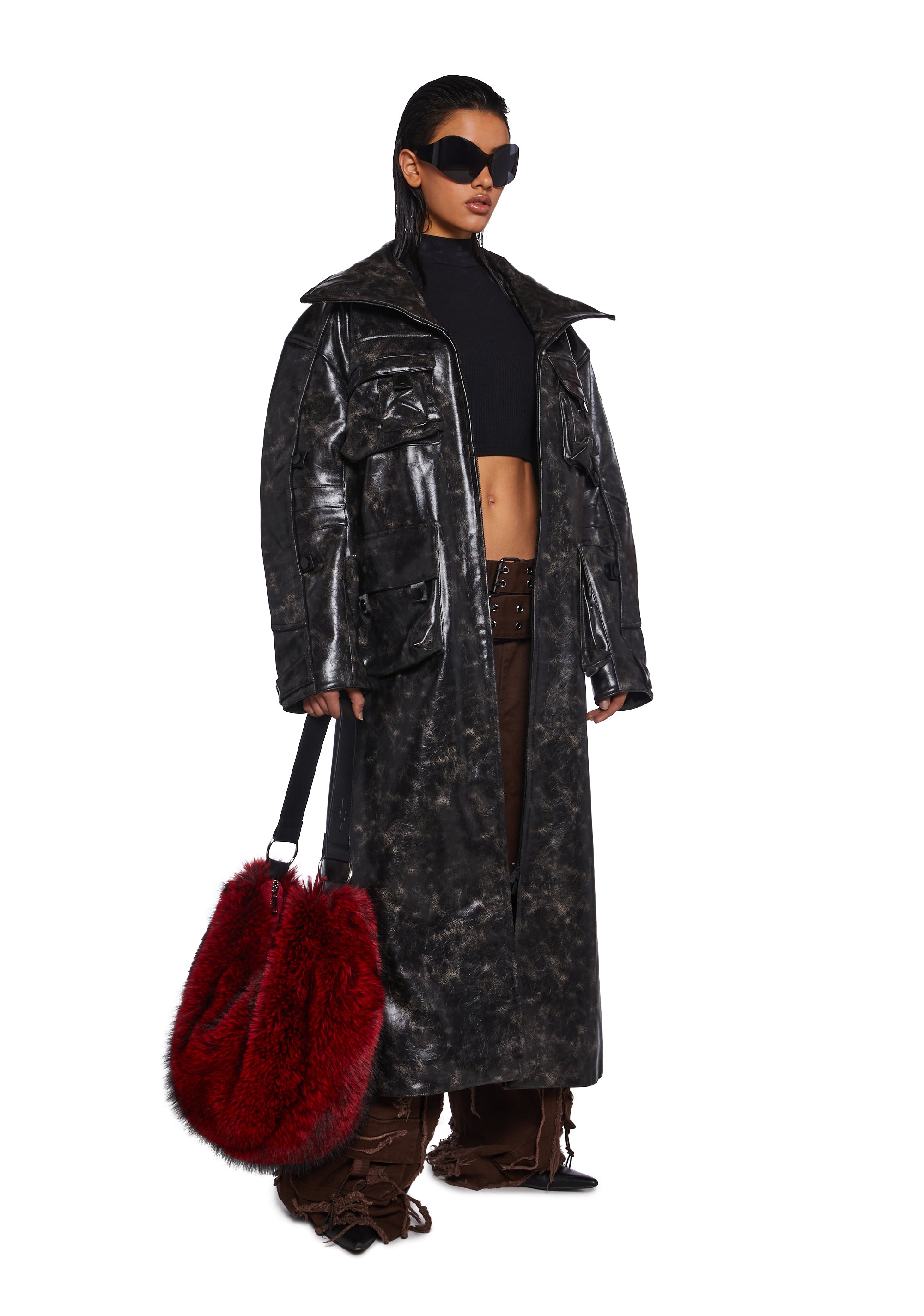 Namilia Vegan Leather Distressed Oversized Coat With Pockets - Black –  Dolls Kill