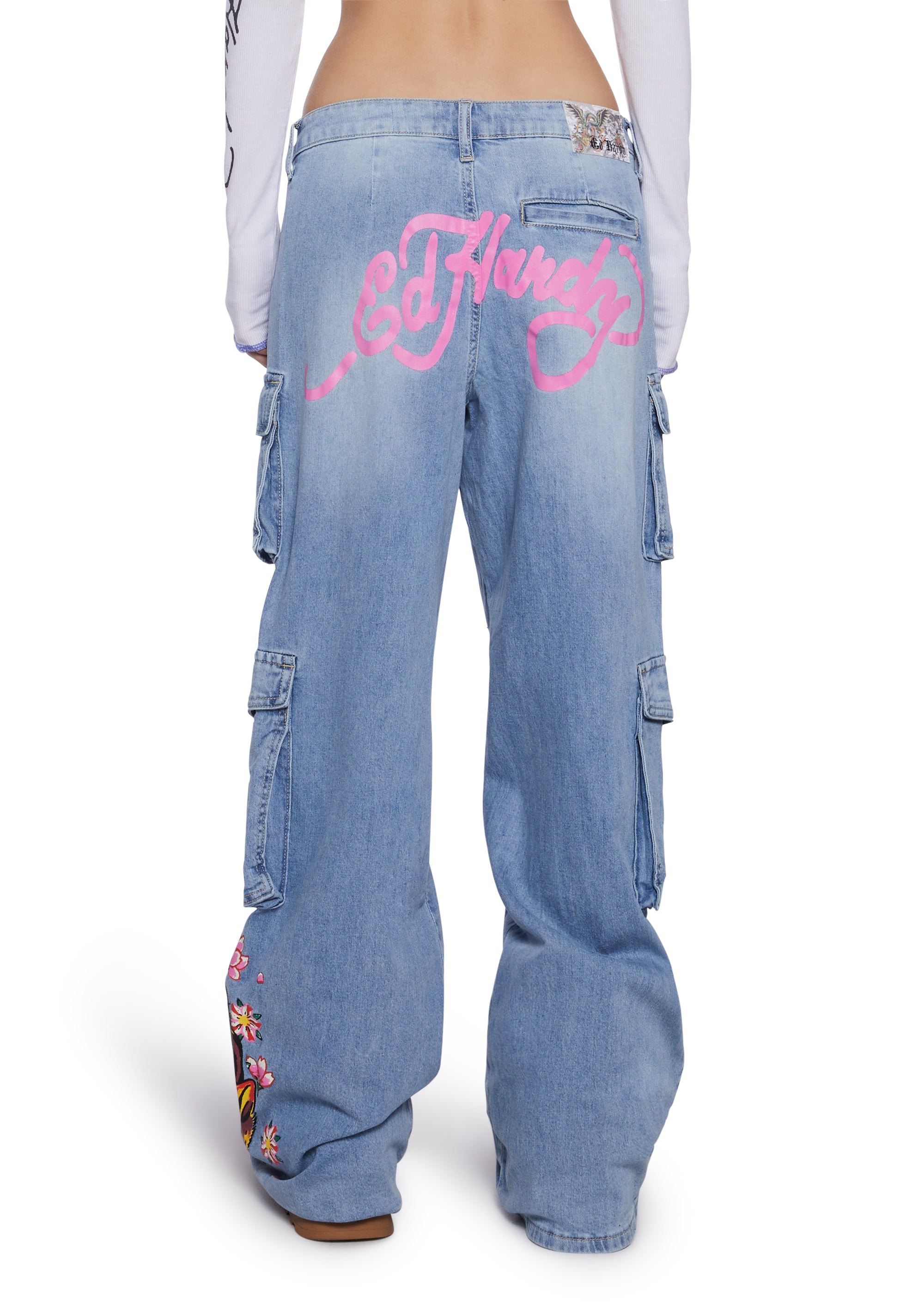 F R. Edward Ed Hardy Tiger Flowers Denim Wide Leg Cargo Jeans - Light Blue – Dolls Kill