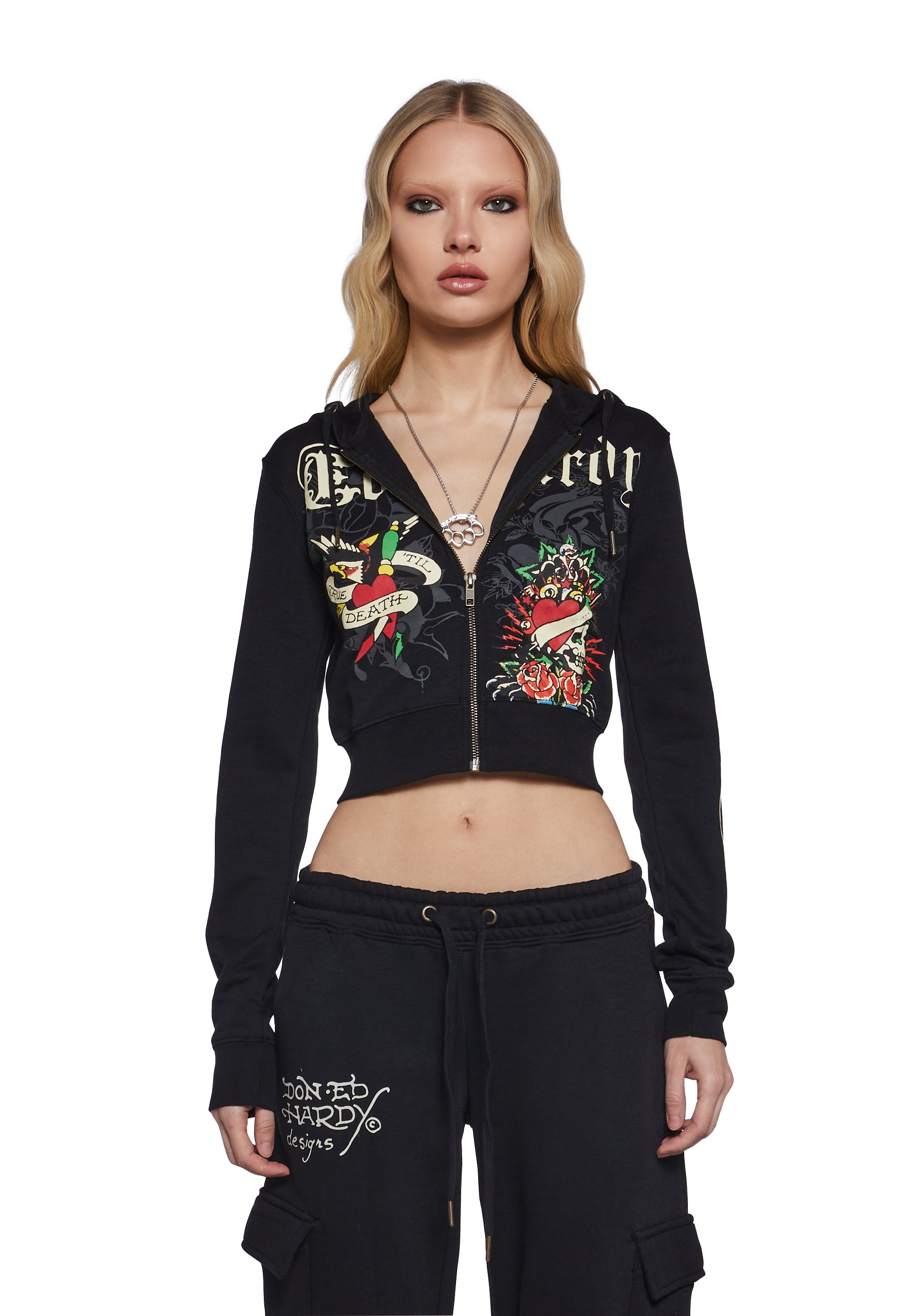 Ed Hardy Rose Skull Crop Zip Hoodie - Black – Dolls Kill