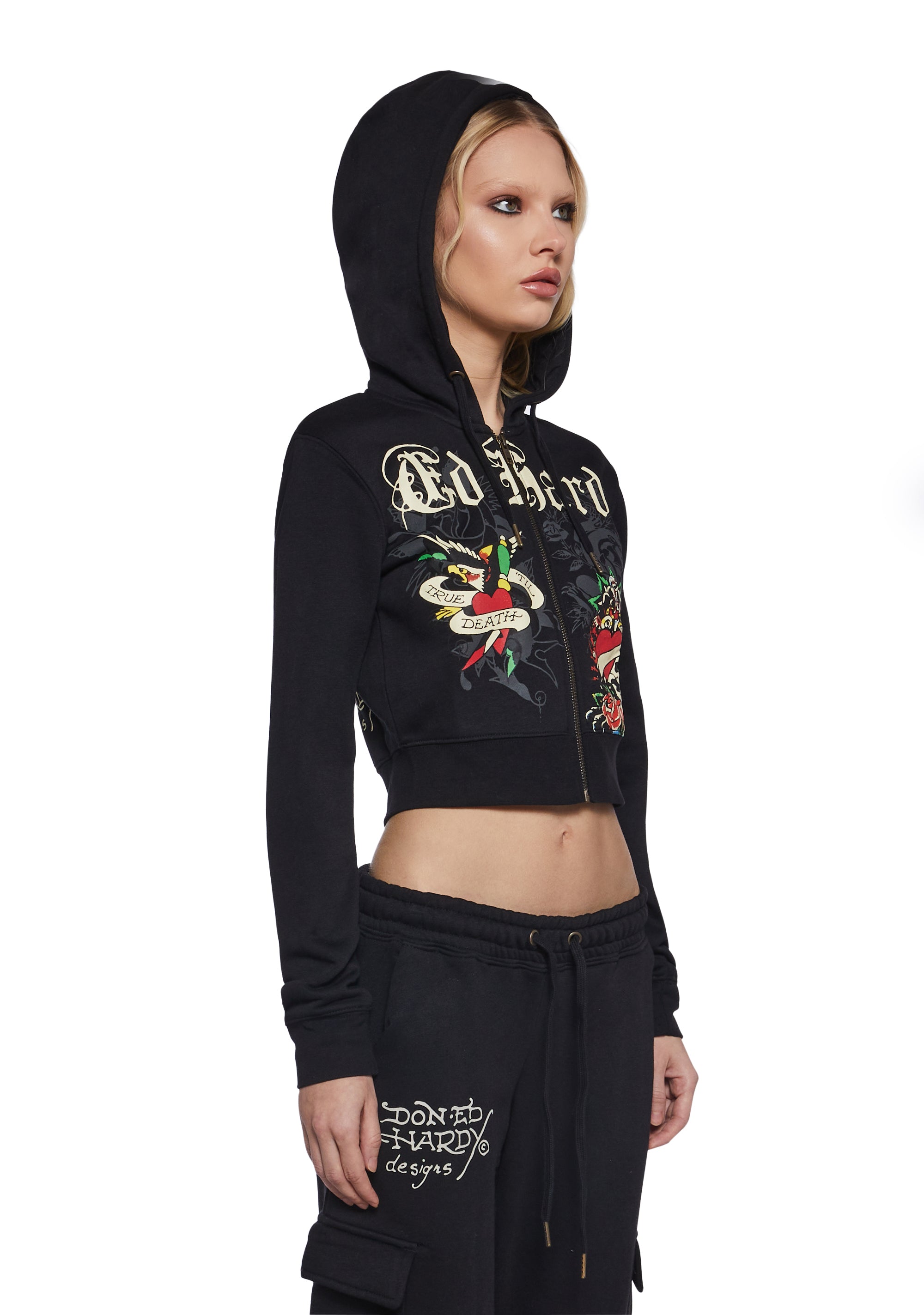 Ed Hardy Rose Skull Crop Zip Hoodie - Black – Dolls Kill