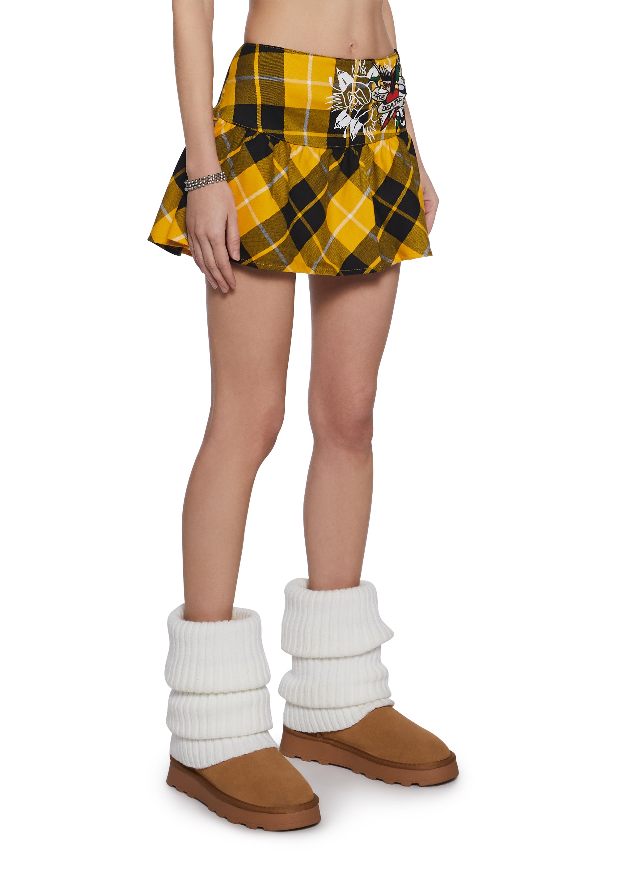 Ed Hardy True Eagle Plaid Miniskirt Yellow – Dolls Kill