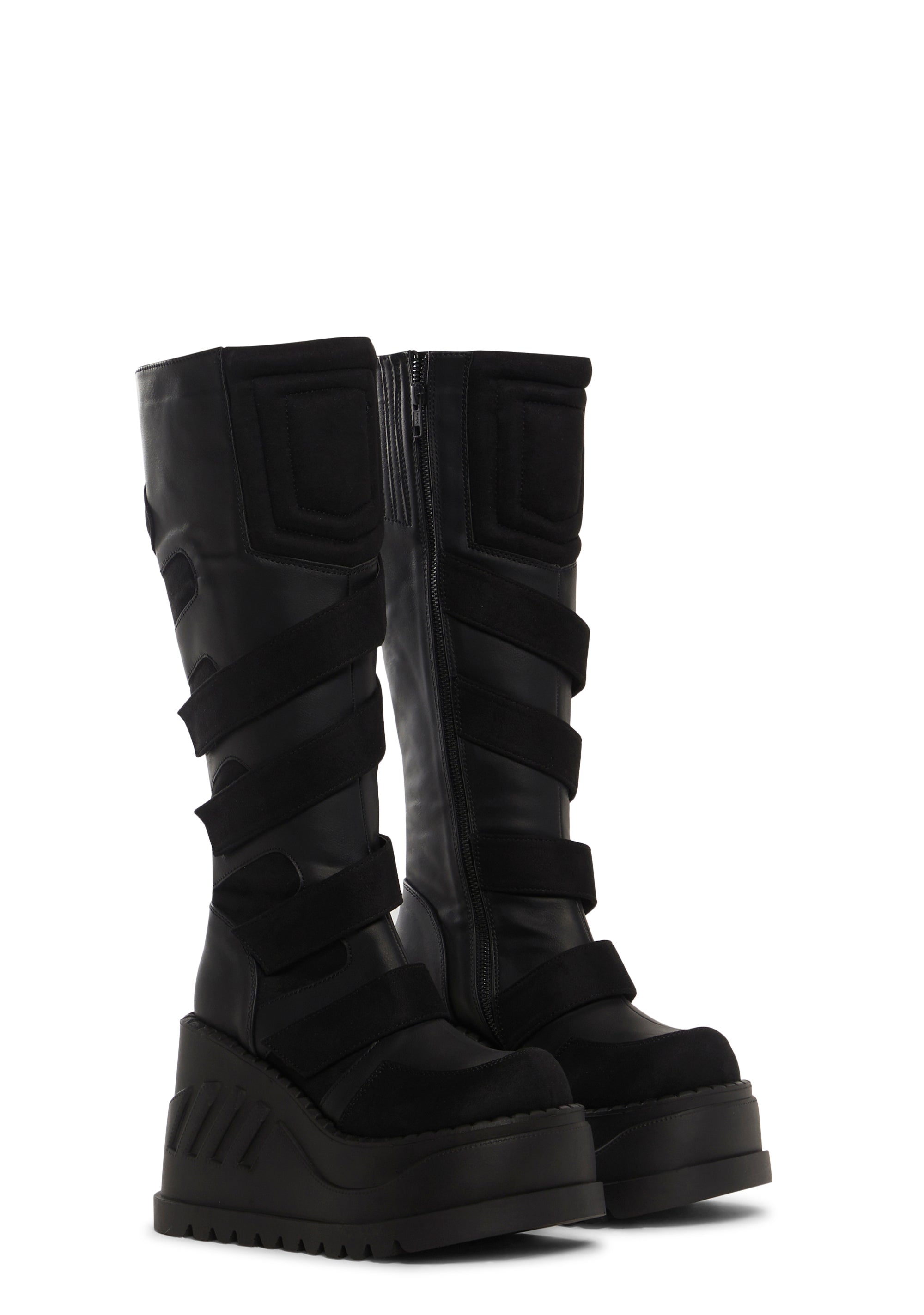 Demonia Vegan Leather Faux Suede Strapped Cyber Zippered Platform Wedge Boots Black Dolls Kill
