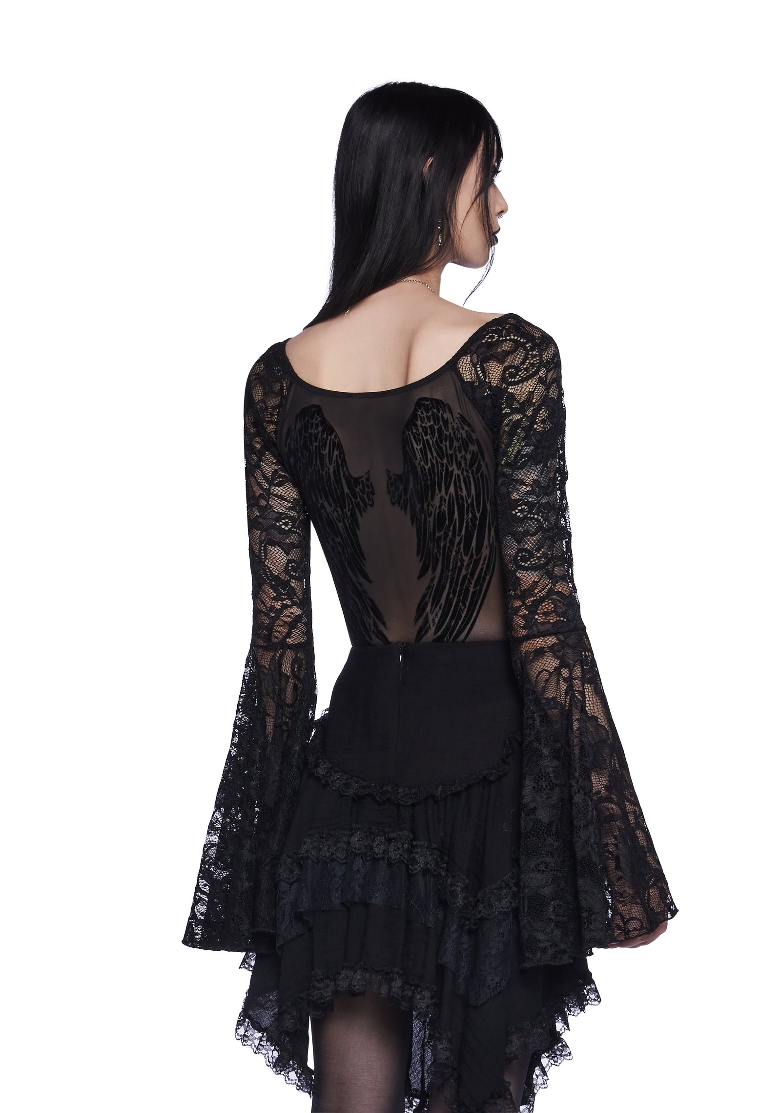 Widow Sheer Velvet Mesh Bell Sleeve Top With Angel Wings Women