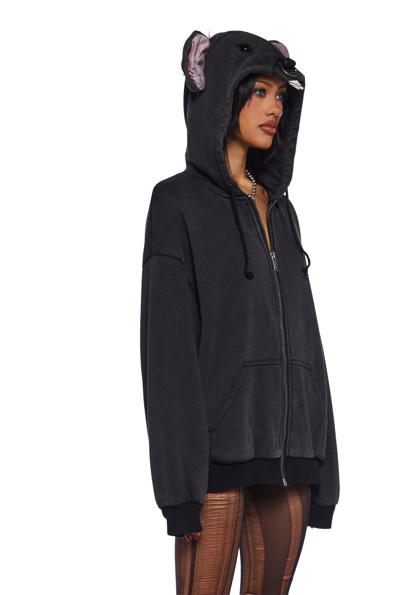 Dolls Kill Rat Head Zip Hoodie - Gray