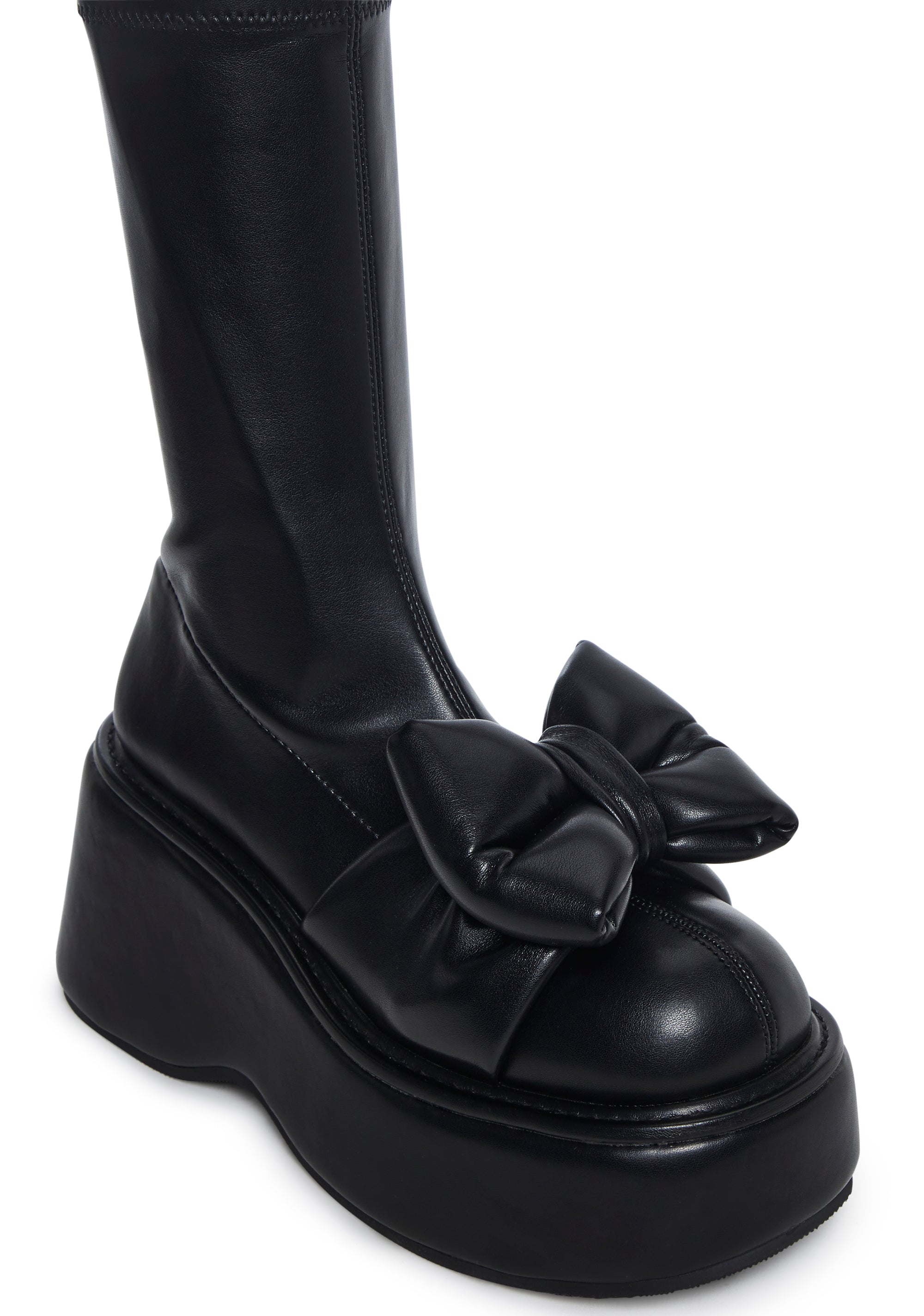Sugar Thrillz Stretch Vegan Leather Bow Platform Booties Black Dolls Kill