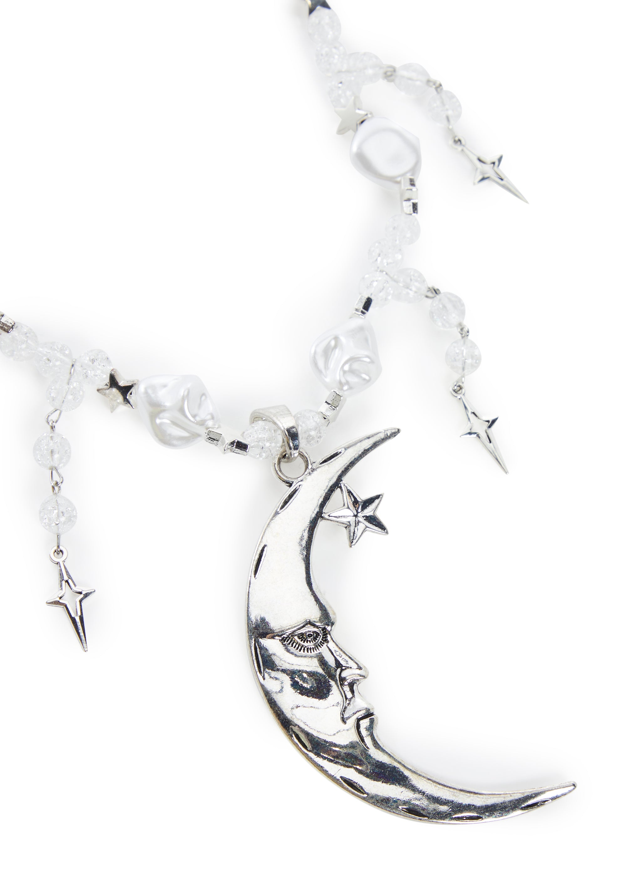 Half Crescent Moon Pendant Necklace With Glitter Beading And Star Charms  Whimsigoth - Silver – Dolls Kill