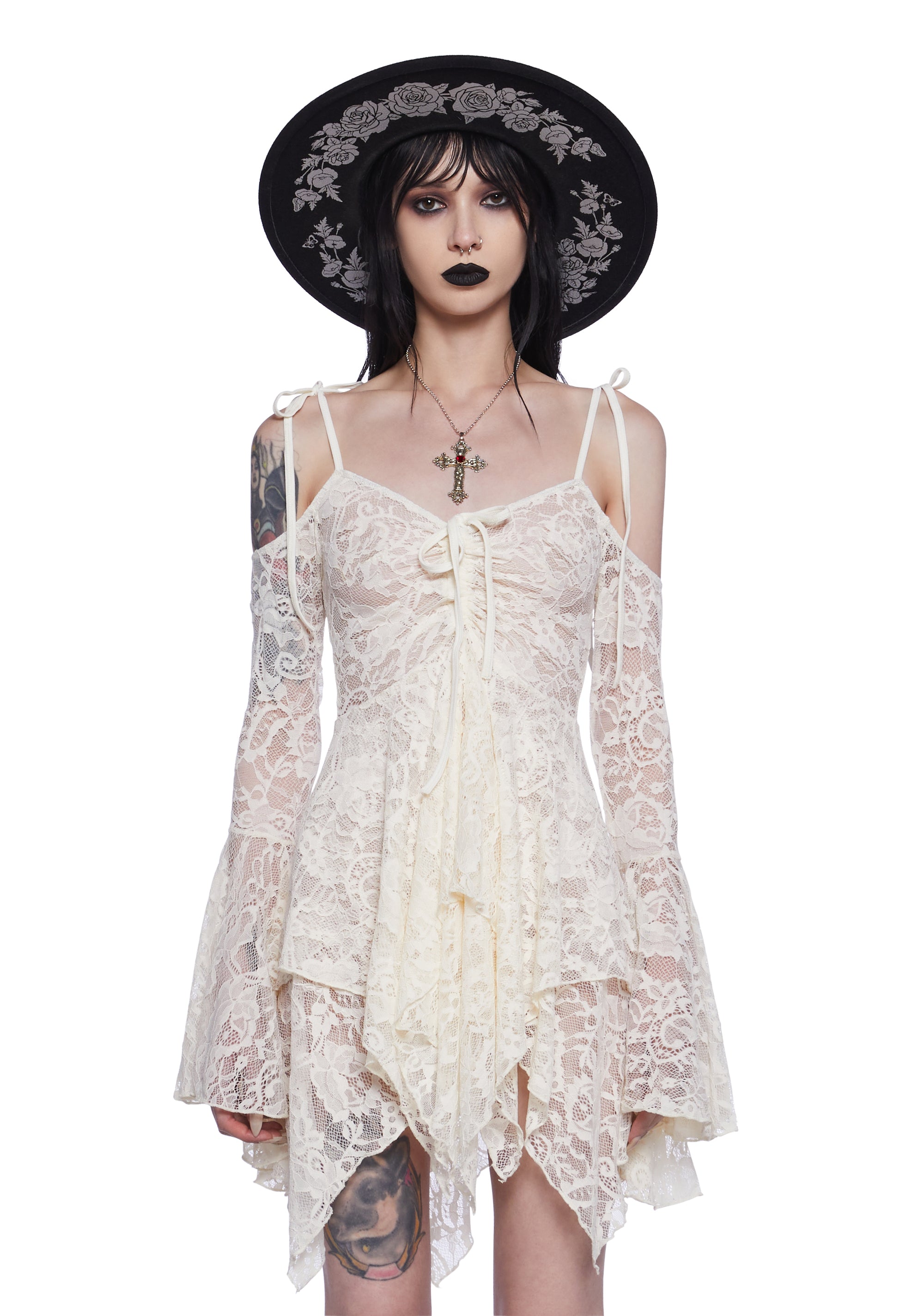 Widow Off The Shoulder Handkerchief Lace Mini Dress
