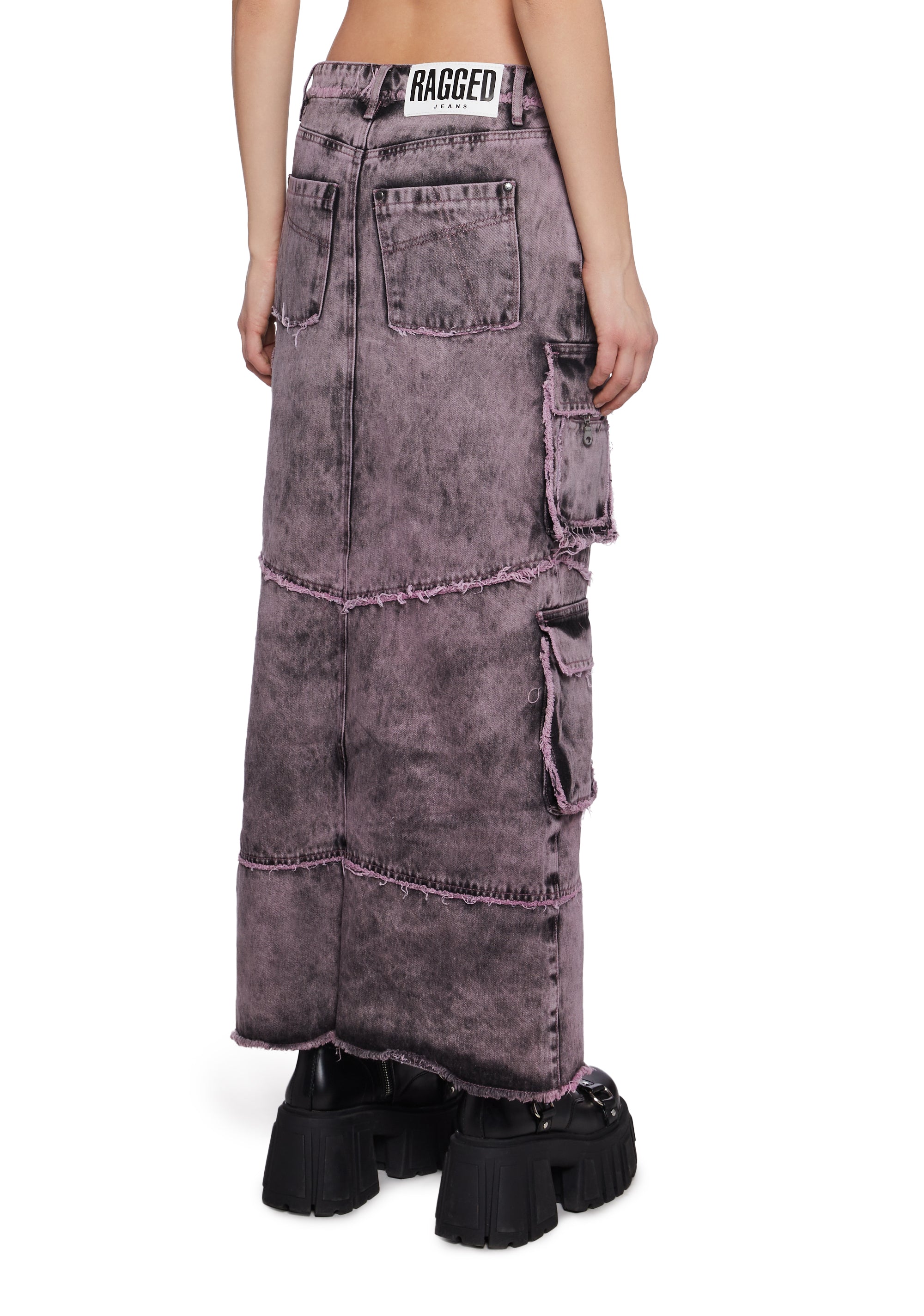The Ragged Priest Acid Wash Denim Cargo Maxi Skirt - Pink – Dolls Kill