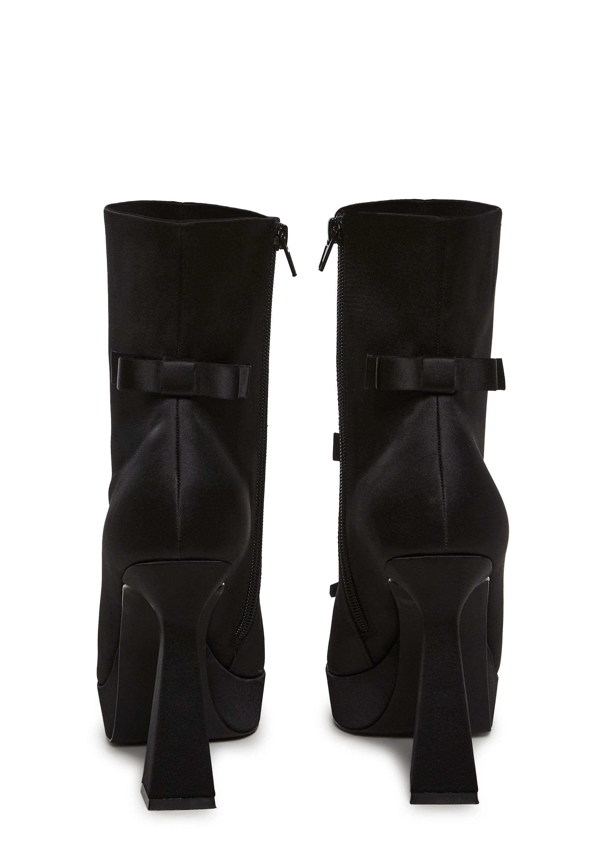 【DOLLS KILL】Mourning Belle Heeled Booties Satin Bow Pointed Toe Heeled Booties Widow - Black – Dolls Kill